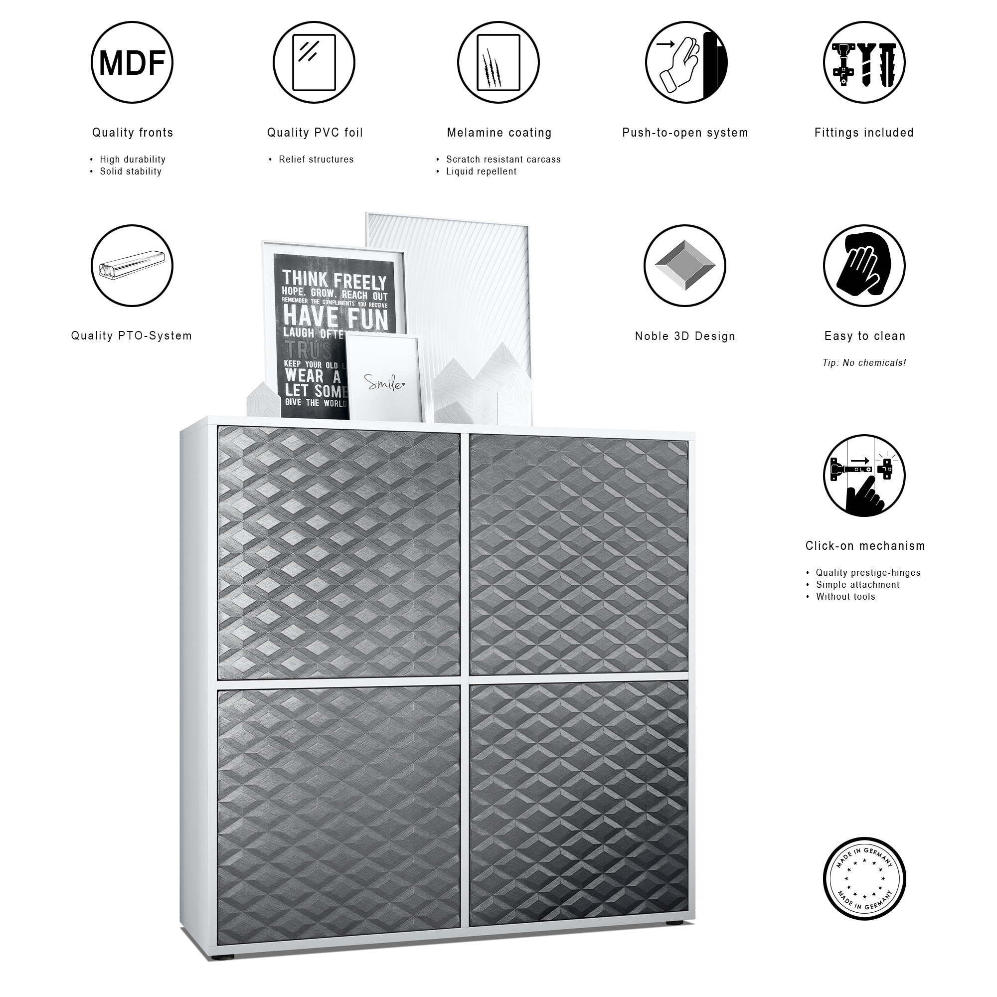 Highboard Cuba V2 mit 2 Türen, dahinter 8 Fächer Weiß matt/Stahlgrau 3D Struktur (104 x 105,5 x 35,5 cm)