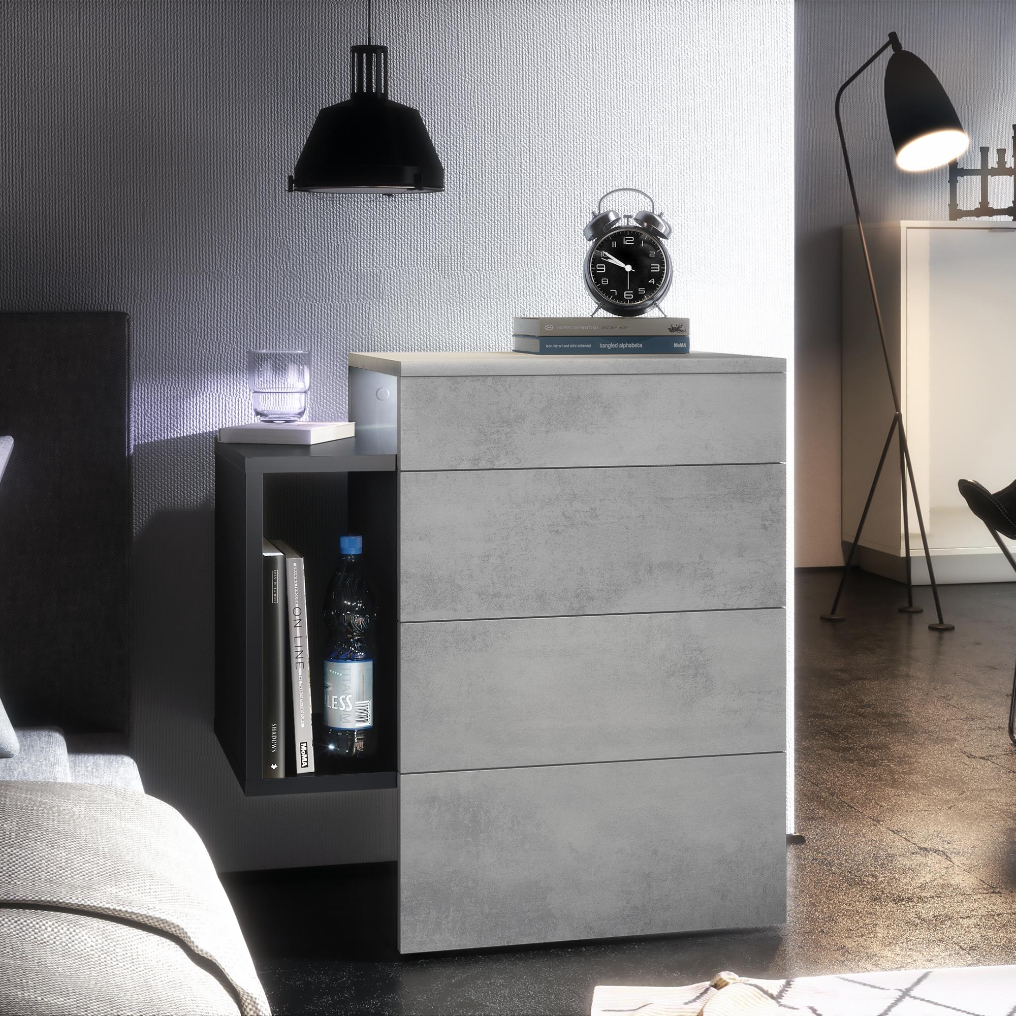 Nachttisch Queens und 1 seitlichem Fach zur Wandmontage Schwarz matt/Beton Oxid Optik inkl. LED-Unterbaustrahler (60x63x36 cm)