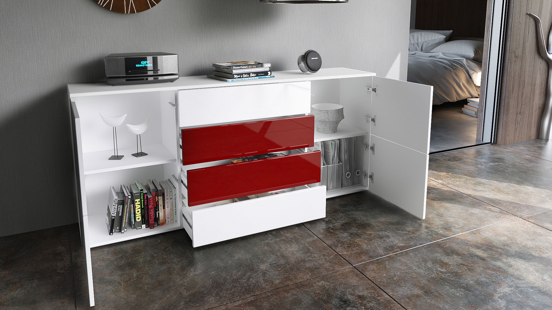 Sideboard Rova mit 4 Türen und 4 Schubladen Weiß matt/Bordeaux Hochglanz/Weiß Hochglanz (166 x 72 x 35 cm)