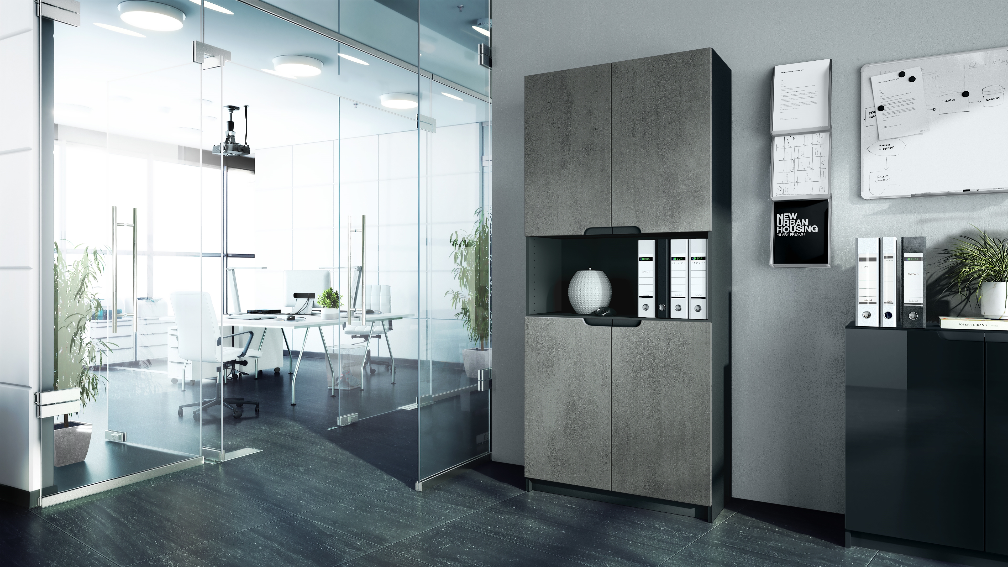 Büroschrank Logan V2 mit 5 Fächern und 4 Türen Schwarz matt/Beton dunkel Optik (82 x 185 x 37 cm)