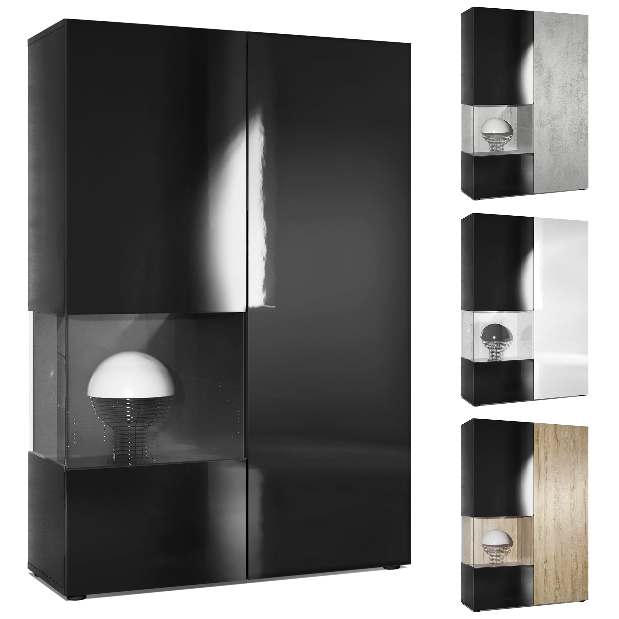 Vitrine Morena  mit 2 Türen dahinter ingesamt 7 Fächer Schwarz matt/Schwarz Hochglanz inkl. LED-Beleuchtung (92x135x37 cm)