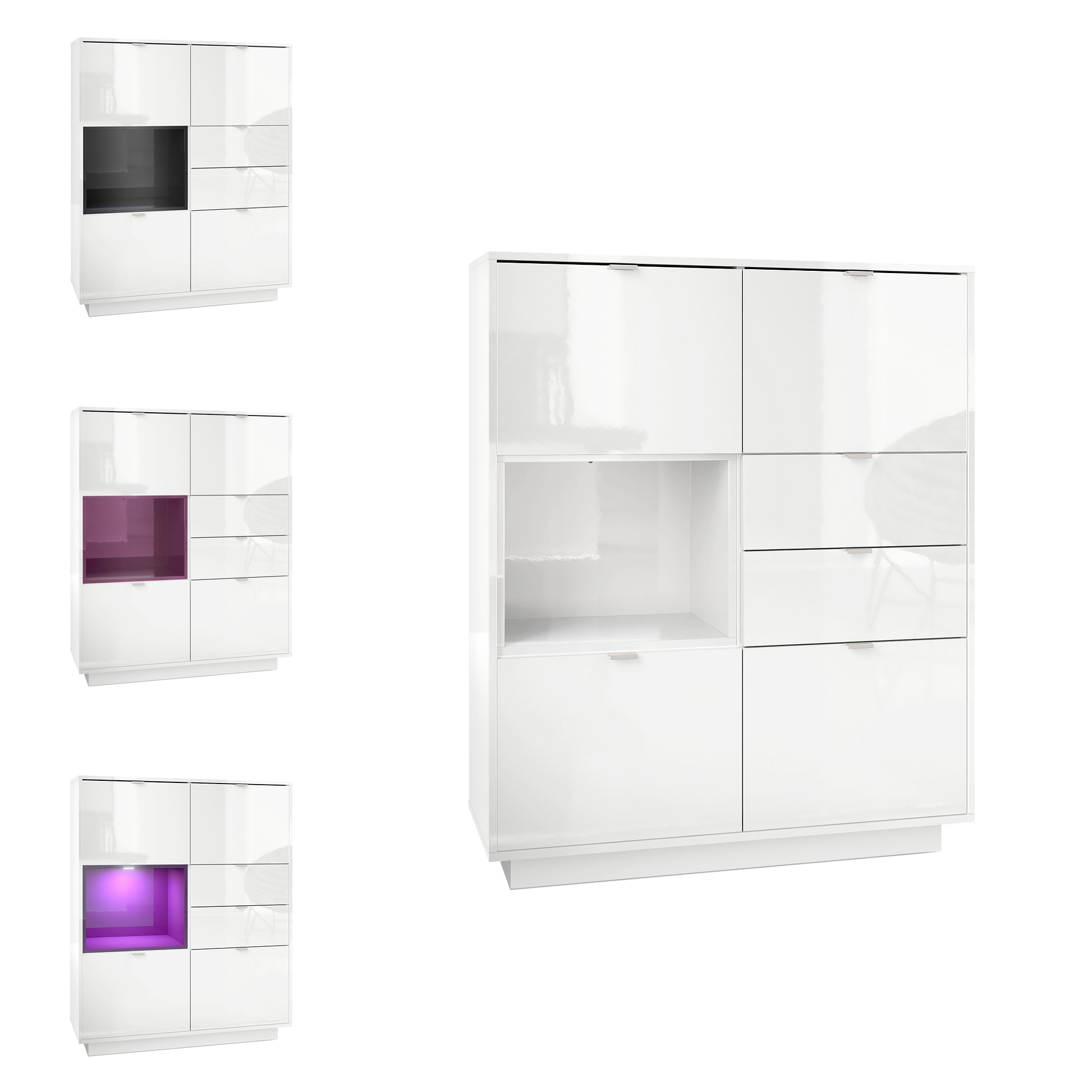 Highboard Metro  mit 4 Türen, 2 Schubladen und 1 offenem Fach Weiß Hochglanz/Beton Oxid Optik inkl. LED Beleuchtung (103x123x38 cm)