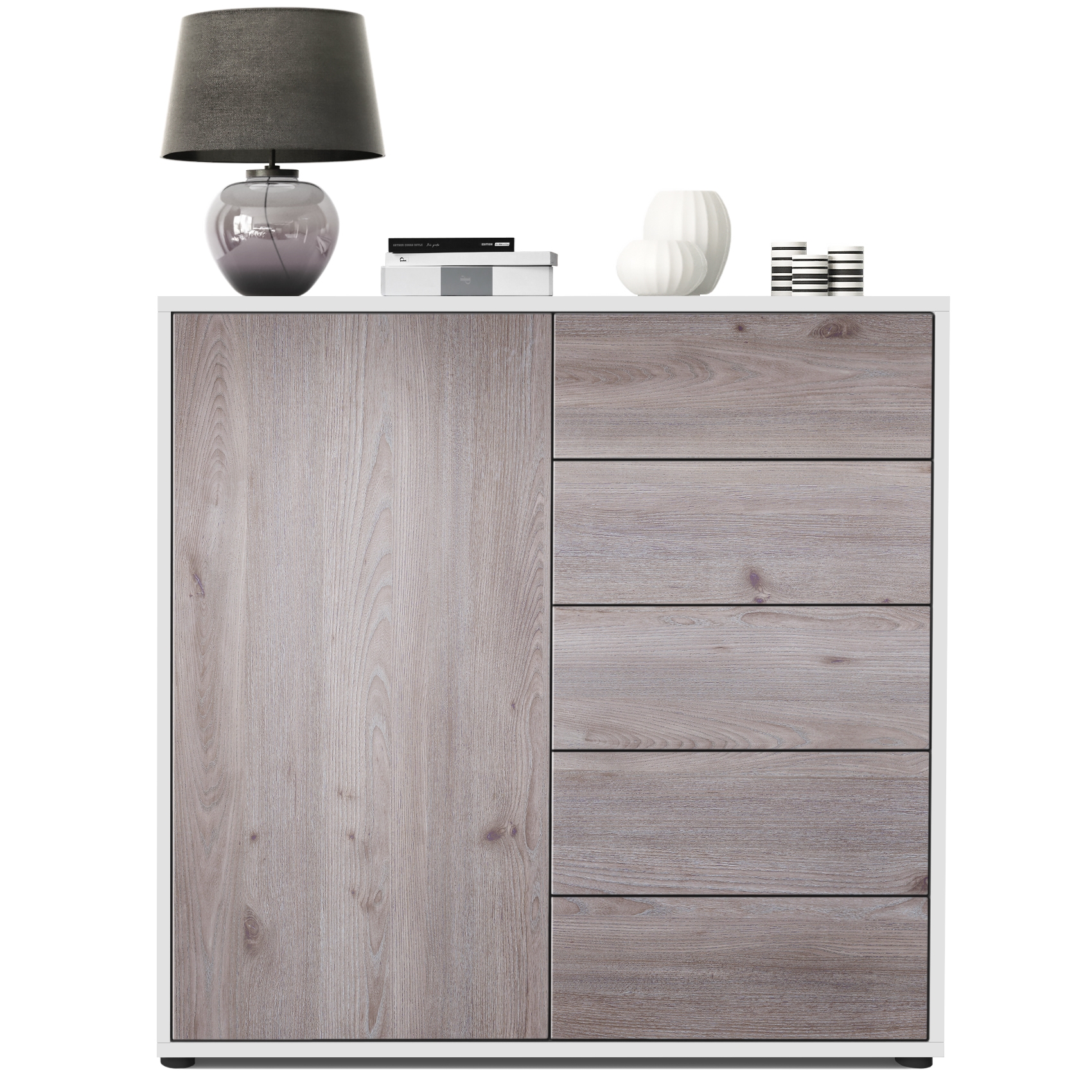 Kommode Ben V2  mit 1 Tür und 5 Schubladen Weiß matt/Eiche Nordic (79 x 74 x 36 cm)