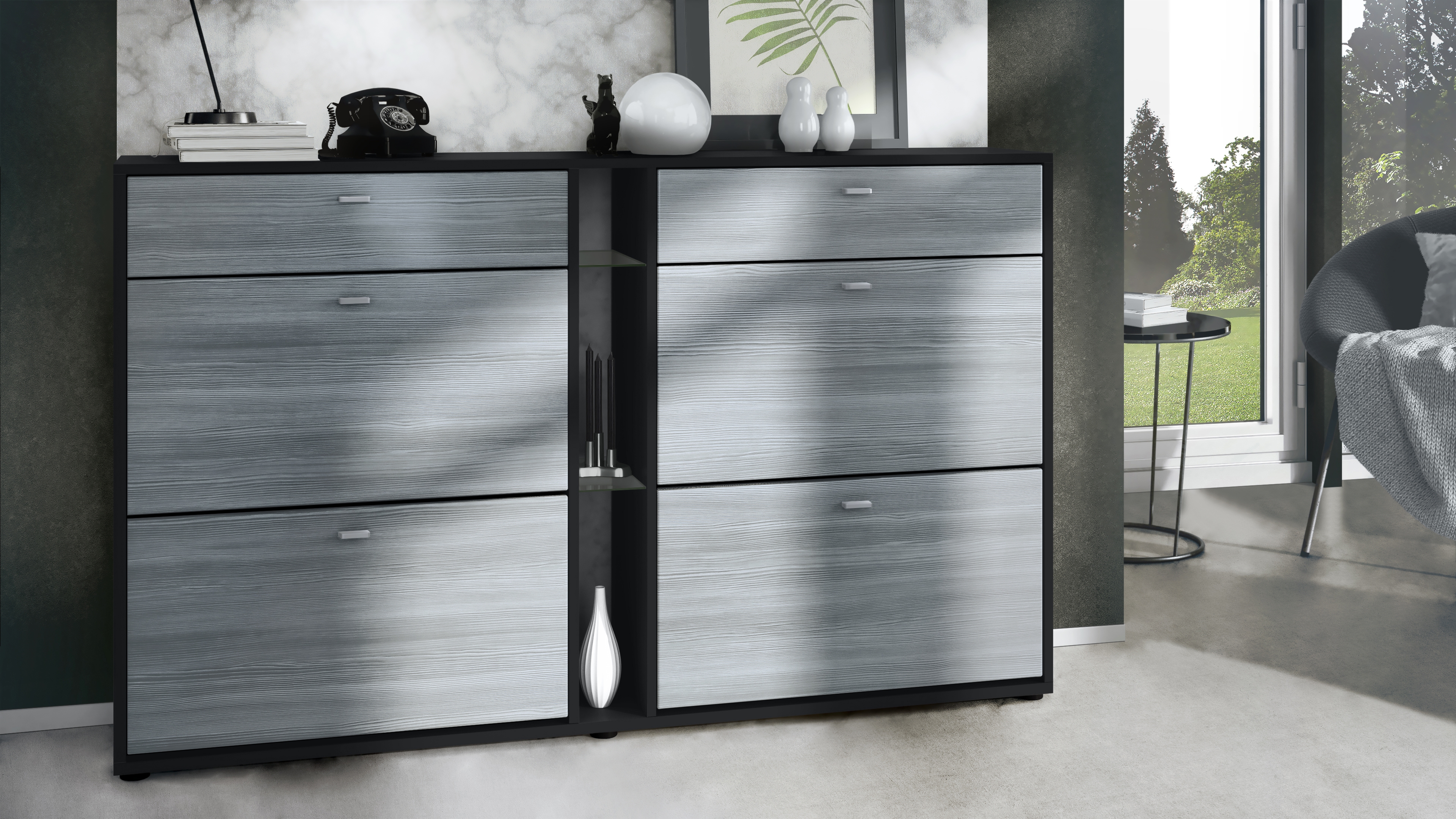 Today Schuhschrank 2 Schubladen und 3 offene Fächer  Schwarz matt/Avola-Anthrazit (155,5 x 95 x 28 cm)