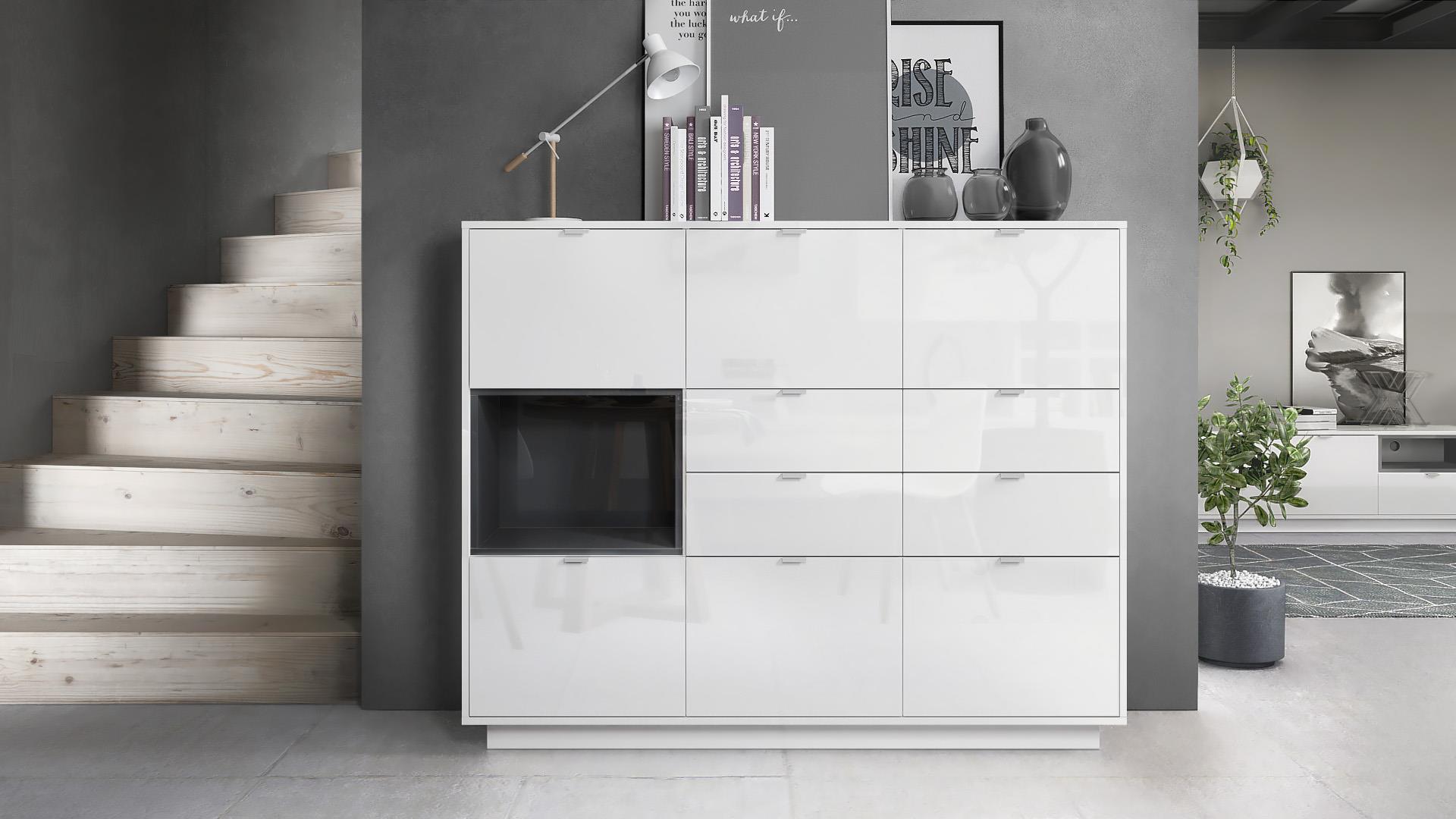 Highboard Metro V2  mit 6 Türen, 4 Schubladen und 1 offenem Fach Weiß Hochglanz/Schwarz Hochglanz inkl. LED Beleuchtung (153x123x38 cm)