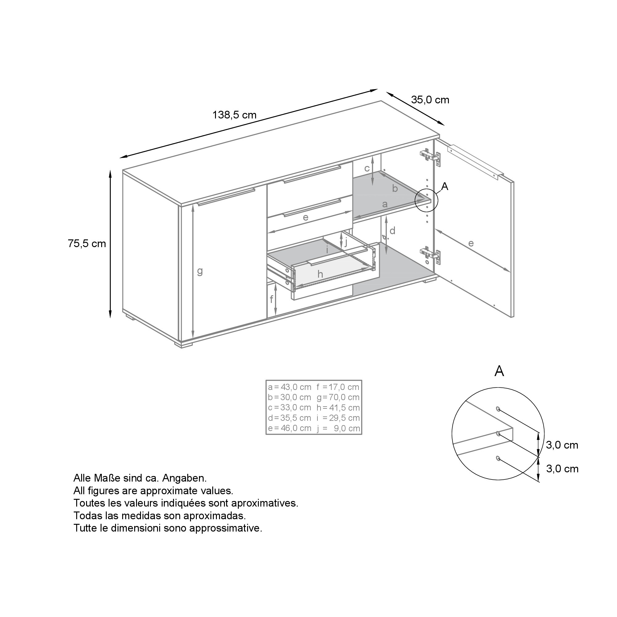 Linio V1 Sideboard Anthrazit mit 2 Türen und 4 Schubladen Anthrazit matt/Weiß matt (138,5 x 75,5 x 35 cm)