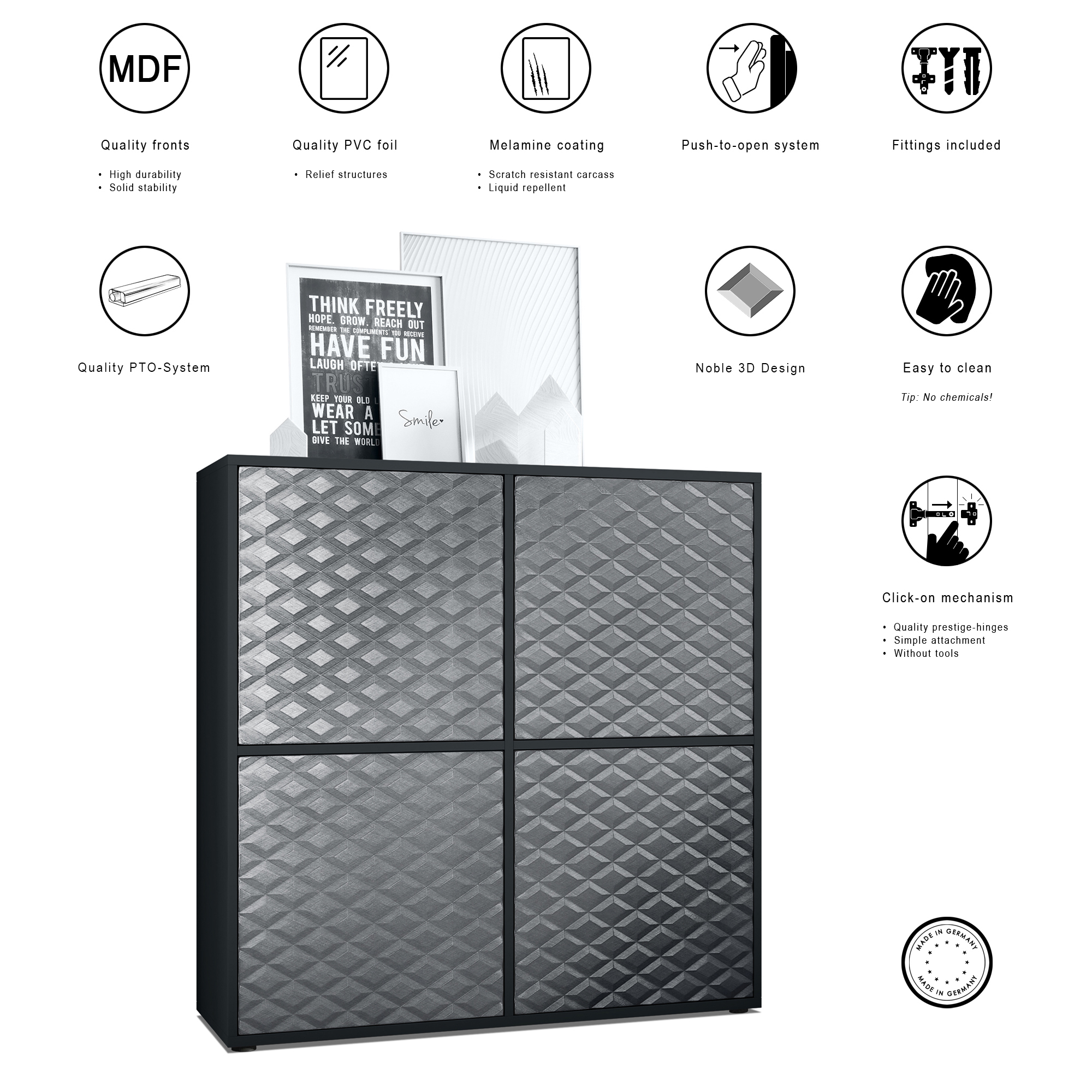Highboard Cuba V2 mit 2 Türen, dahinter 8 Fächer Schwarz matt/Stahlgrau 3D Struktur (104 x 105,5 x 35,5 cm)