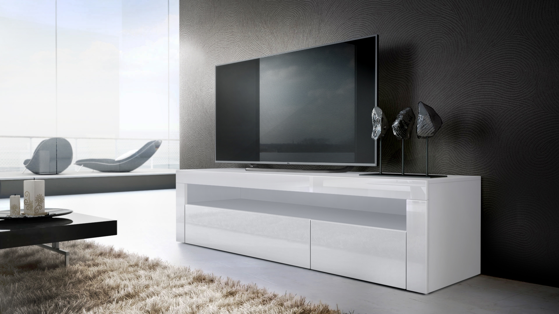 Wohnzimmer-Set Berlin bestehend aus 1 TV Board und 1 Couchtisch Weiß matt/Weiß Hochglanz