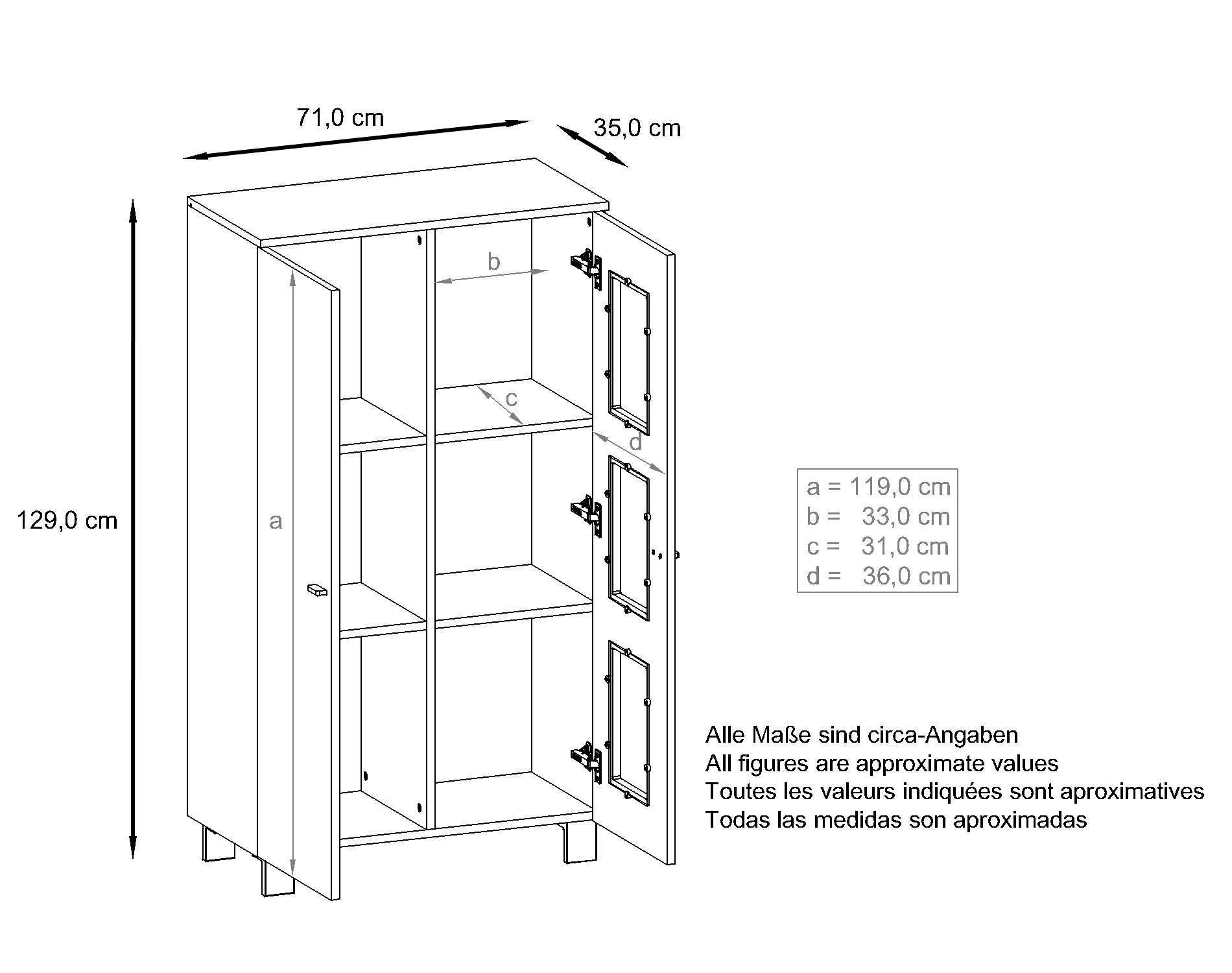 Vitrine Denjo  mit 2 Türen und 3 Glaseinsätzen Schwarz matt/ Schwarz Hochglanz/ Beton Oxid-Optik (71 x 129 x 35 cm)