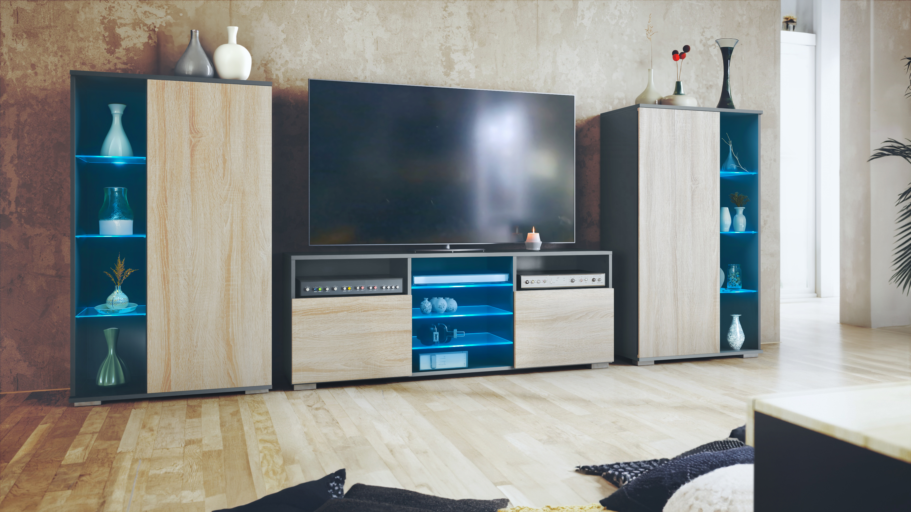 Wohnwand 3-tlg. Davos Anthrazit LED bestehend aus 2 Vitrinen, 1 TV-Board und LED-Beleuchtung Anthrazit matt/Eiche sägerau (329 x 134 x 35 cm)