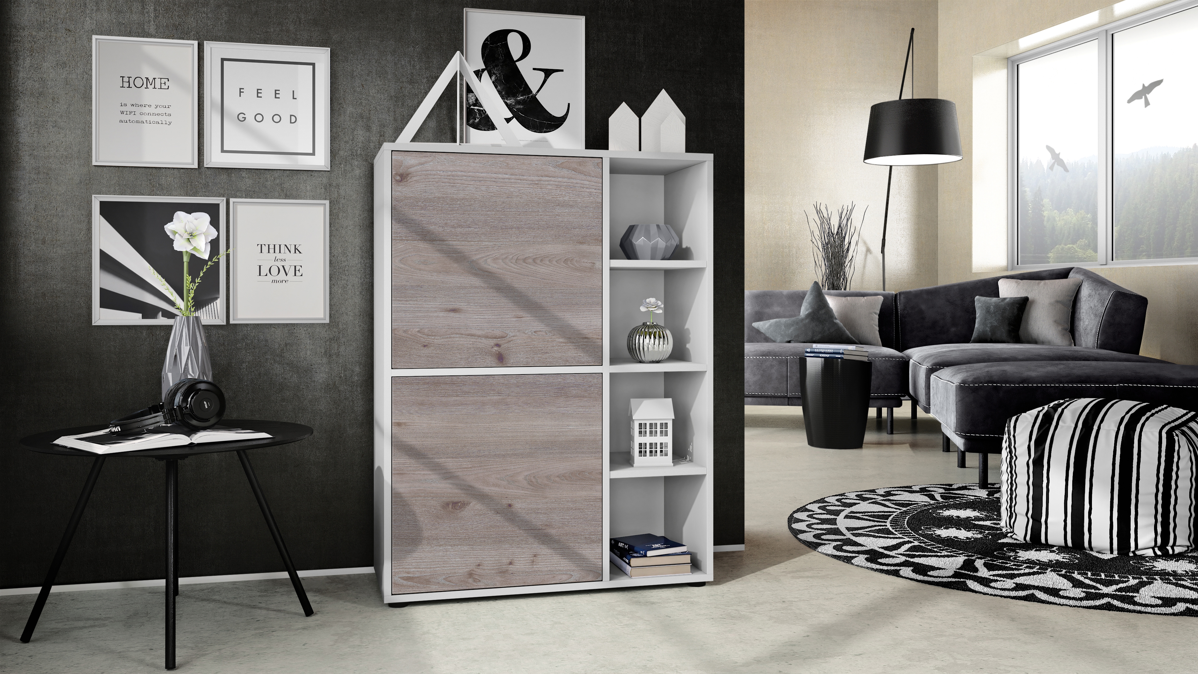 Highboard Cuba  mit 2 Türen und 4 offene Fächer Weiß matt/Eiche Nordic (79 x 105,5 x 35,5 cm)