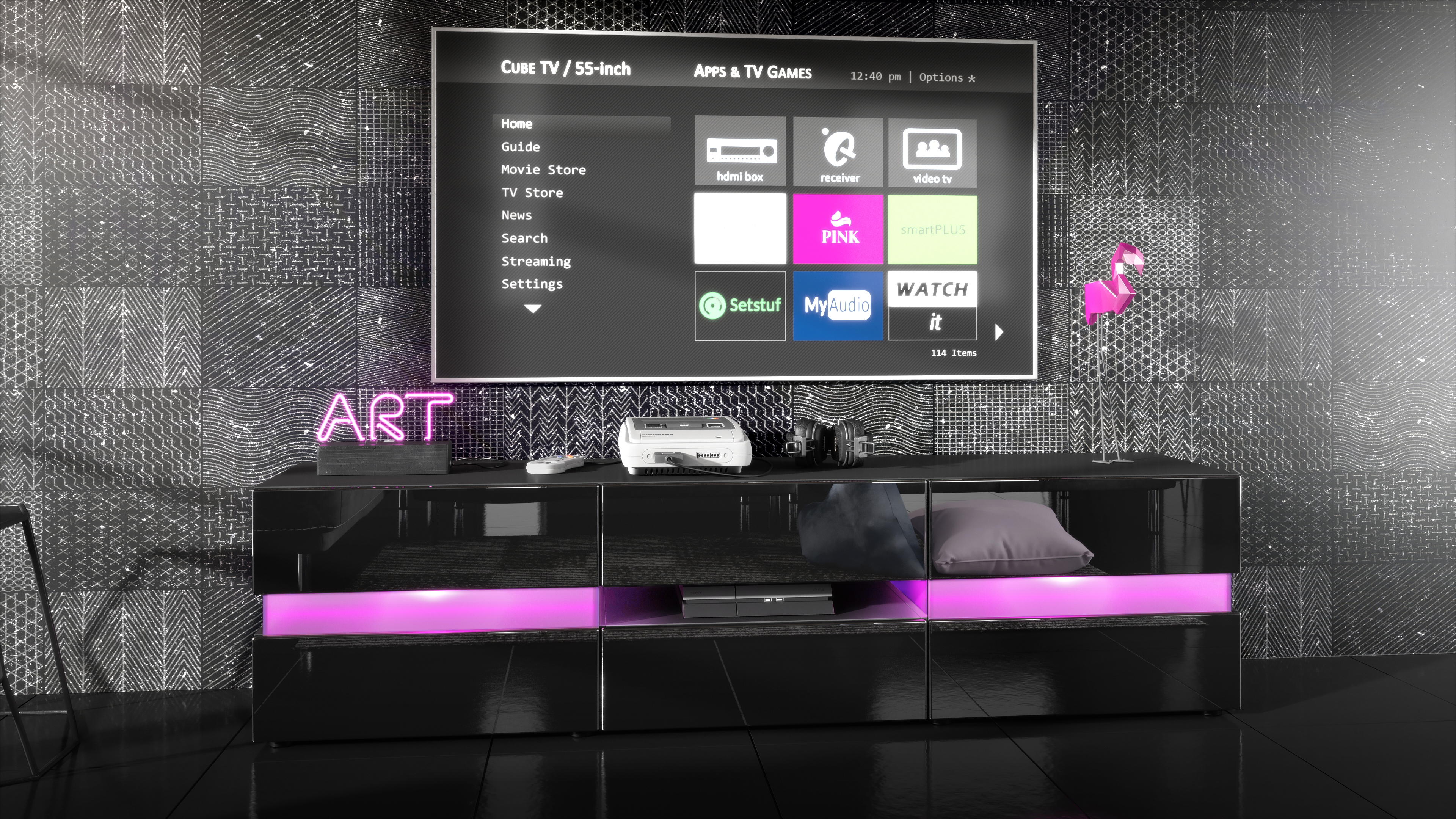 Lowboard Flow mit 2 Türen, 1 Schublade und 1 Klappe Schwarz matt/Schwarz Hochglanz, inkl. LED-Beleuchtung (177x45x39 cm)