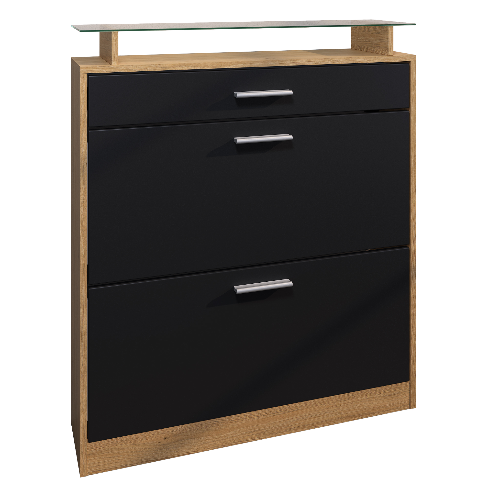 Schuhschrank Loret mit 1 Schublade und Glasablage Schuhregal in Eiche Skandi / Schwarz matt (89 x 104 x 23 cm)