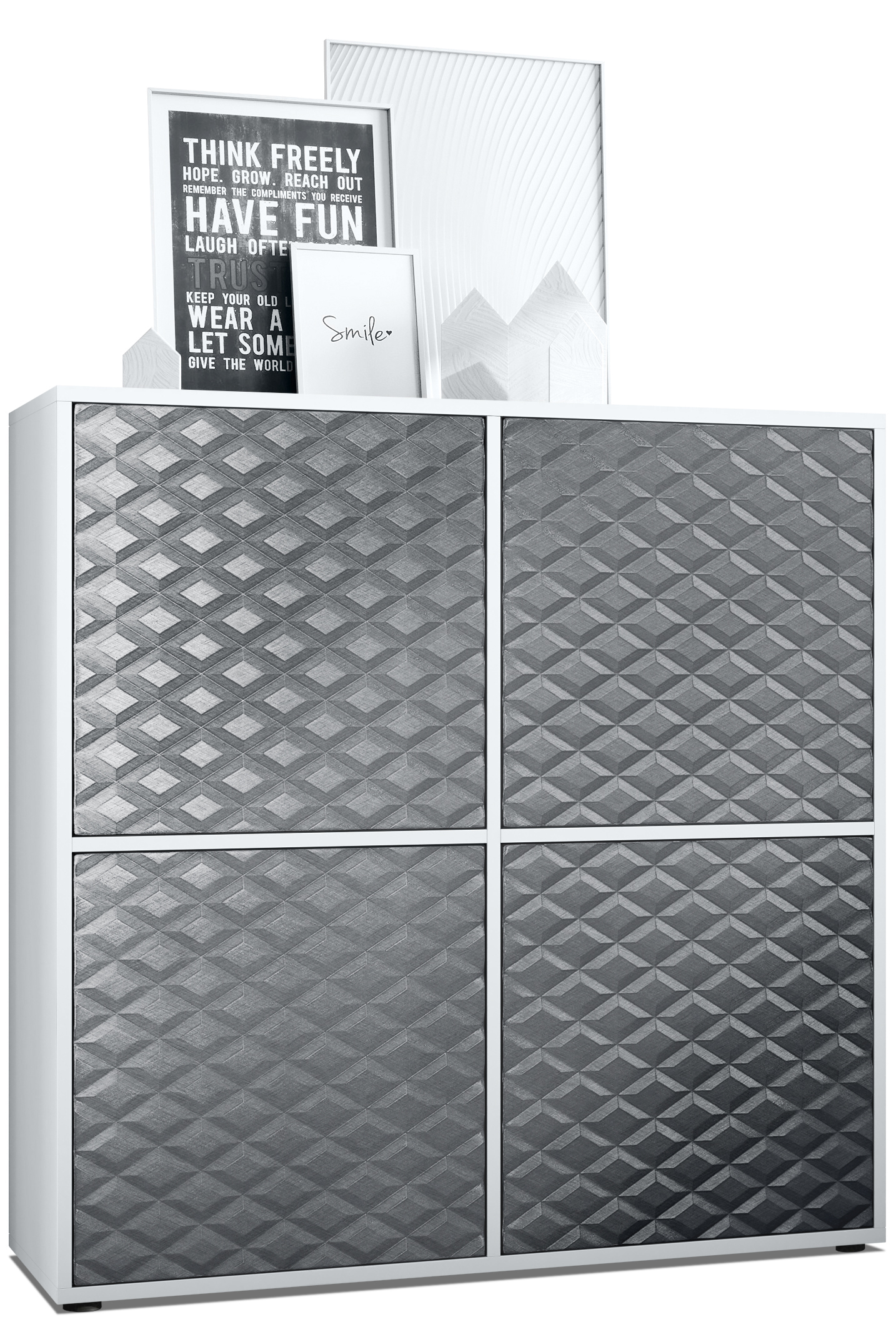 Highboard Cuba V2 mit 2 Türen, dahinter 8 Fächer Weiß matt/Stahlgrau 3D Struktur (104 x 105,5 x 35,5 cm)