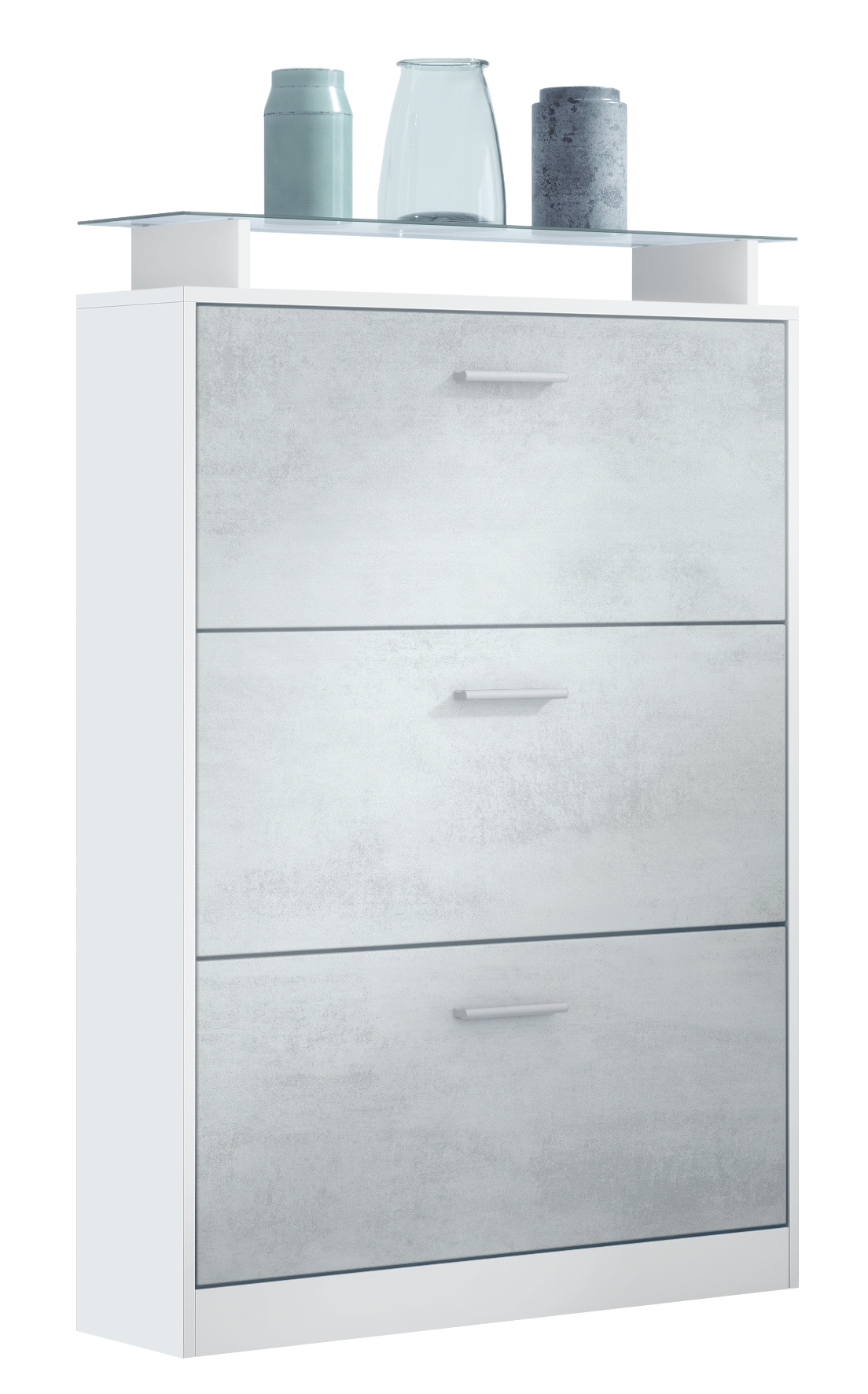 Schuhschrank Lavia  für 24 Paar Schuhe mit 3 Klappen und Glasablage Weiß matt/Beton Oxid Optik (89 x 128 x 23 cm)