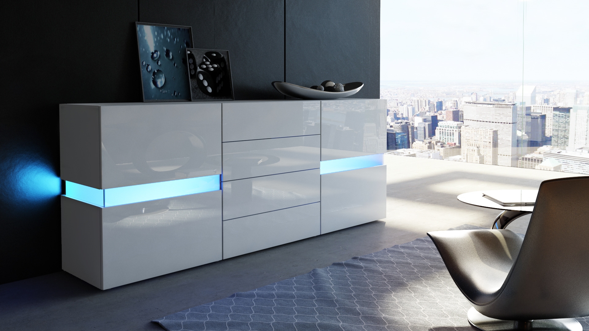 Sideboard Flow mit 2 Türen, je 2 Fächer dahinter und 4 Schubladen Weiß matt/Weiß Hochglanz, inkl. LED-Beleuchtung (177 x 75 x 39 cm)