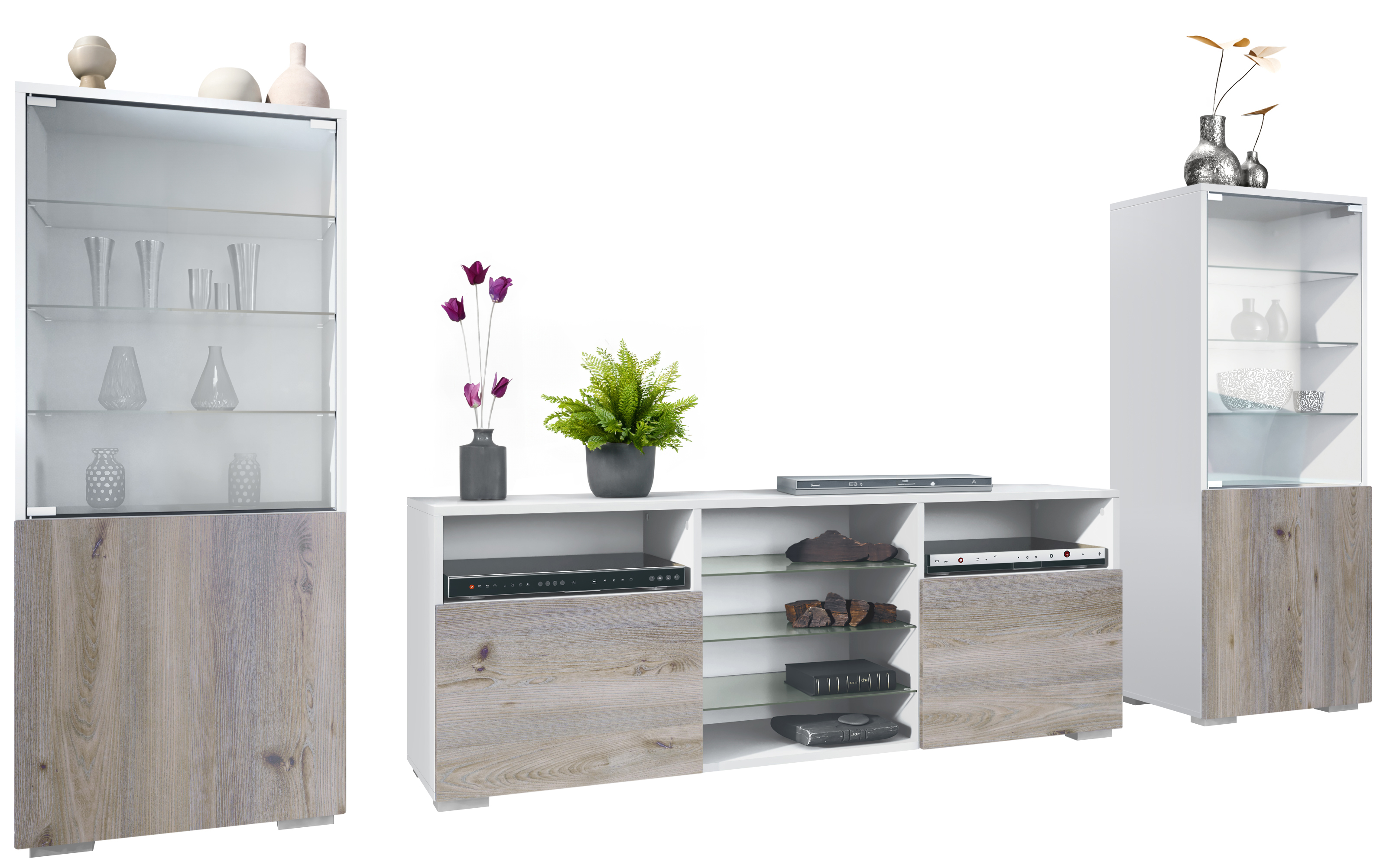 Wohnwand 3-tlg. Granada Weiß bestehend aus 2 Vitrinen und 1 TV-Board Weiß matt/Eiche Nordic (286 x 122,5 x 35 cm)