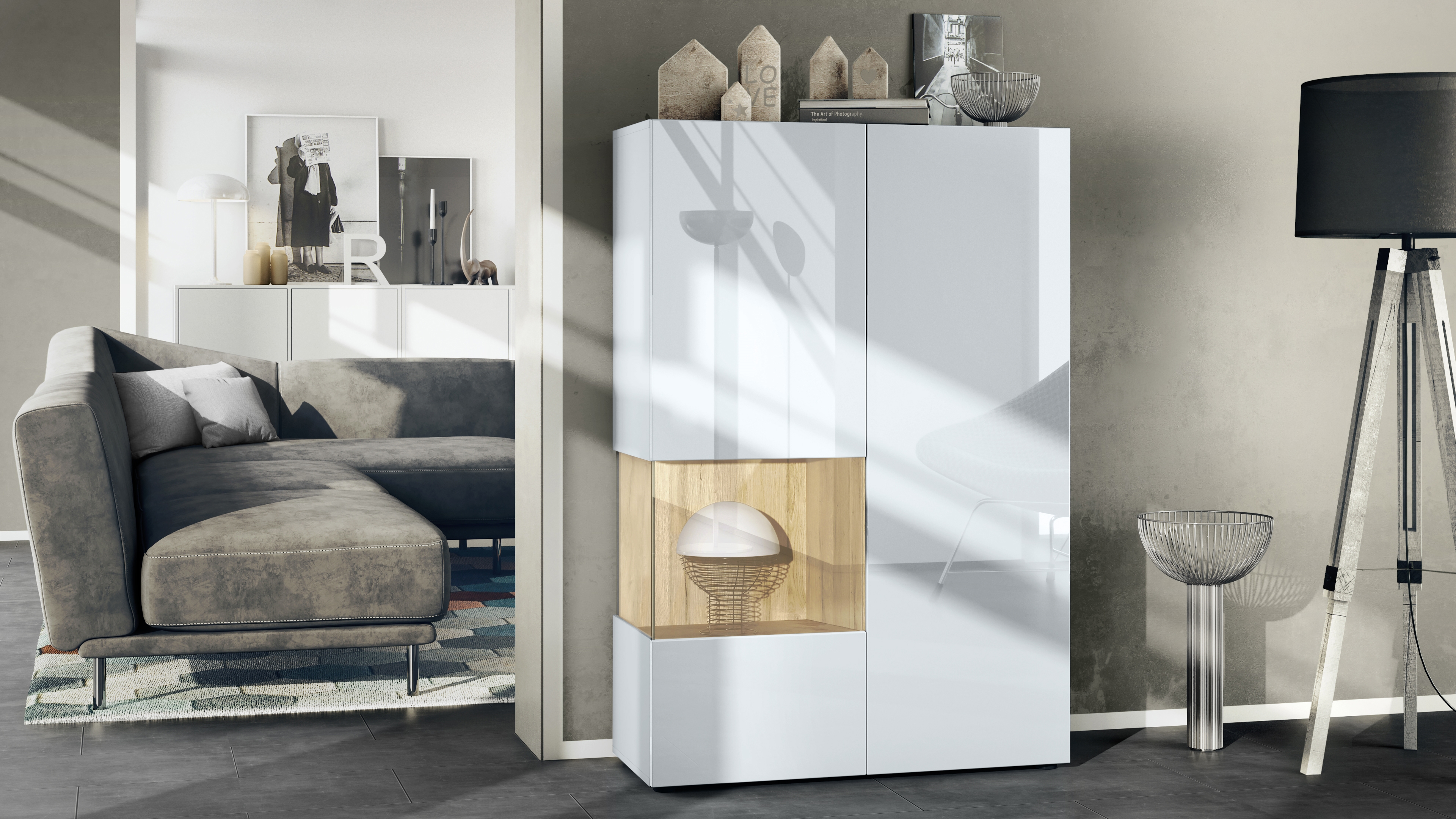 Vitrine Morena V2 mit 2 Türen und Glaseinsatz Weiß matt/Weiß Hochglanz/Eiche Natur (91,5 x 136,5 x 37 cm)