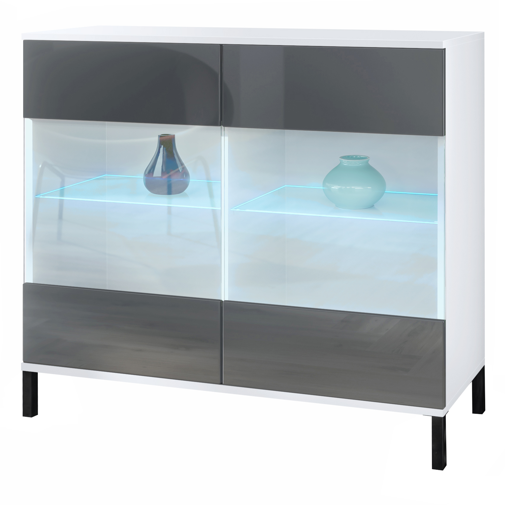 Bari V3 Kommode Weiß + LED mit 2 großen Glastüren inkl. RGB Beleuchtung Weiß matt / Grau Hochglanz (92,5 x 83.5 x 35)