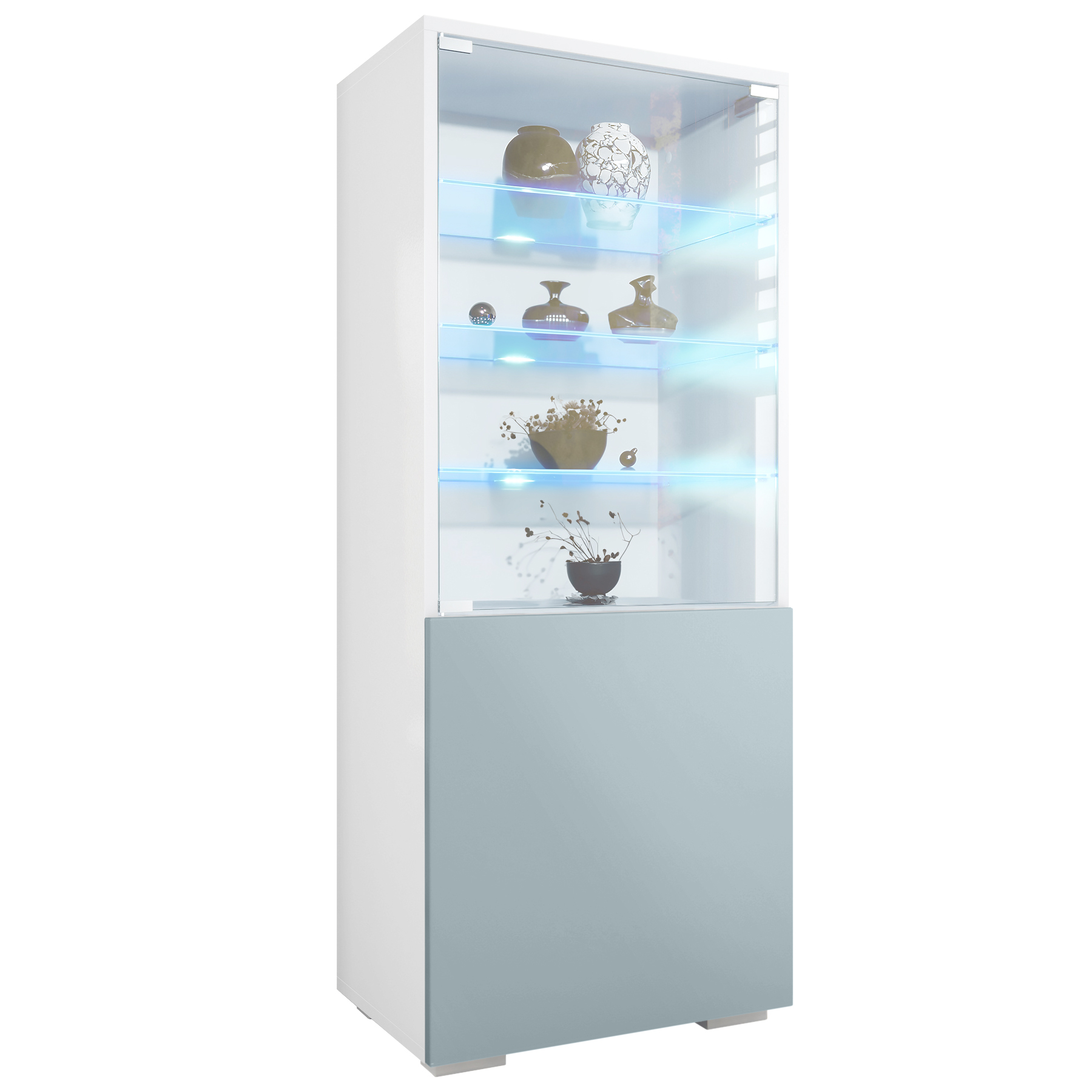 Granada Vitrine Weiß mit LED mit Glastür und Glaseinsatz inkl. LED Weiß matt/Denim matt (50 x 122,5 x 34,5 cm)