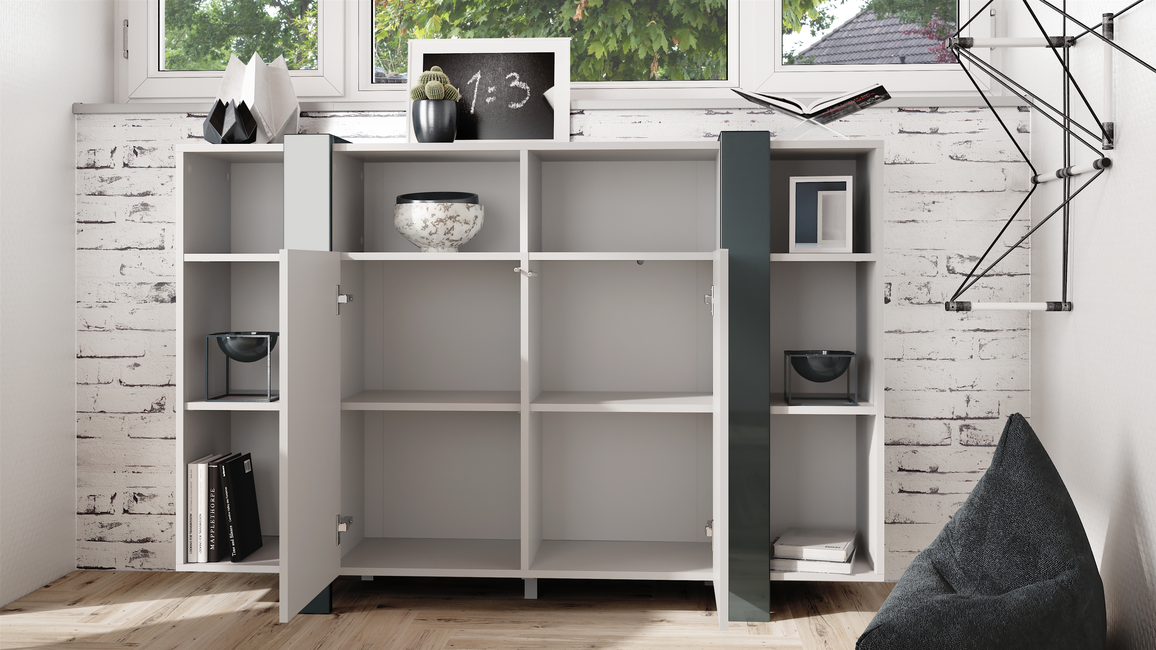 Highboard Ida V1 Weiß mit 2 Türen und 8 offene Fächer Weiß matt/Scratchy Metal (149 x 101 x 34 cm)
