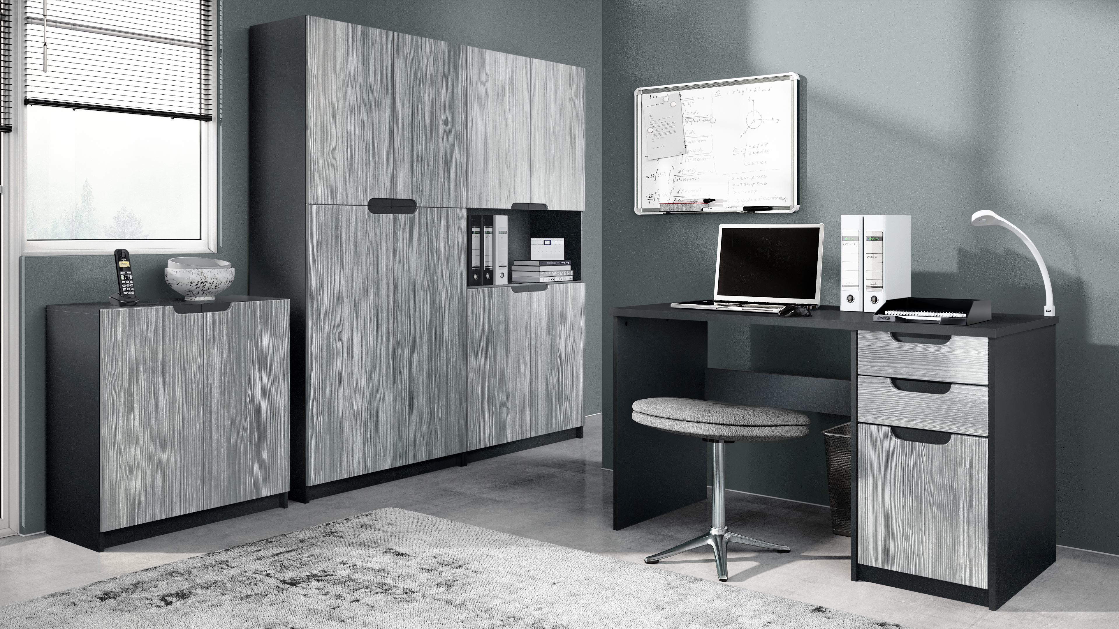 Büromöbel-Set Logan mit 1 Schreibtisch, 2 Schränken und 1 Kommode Schwarz matt/Avola-Anthrazit (246 x 60 x 185 cm)