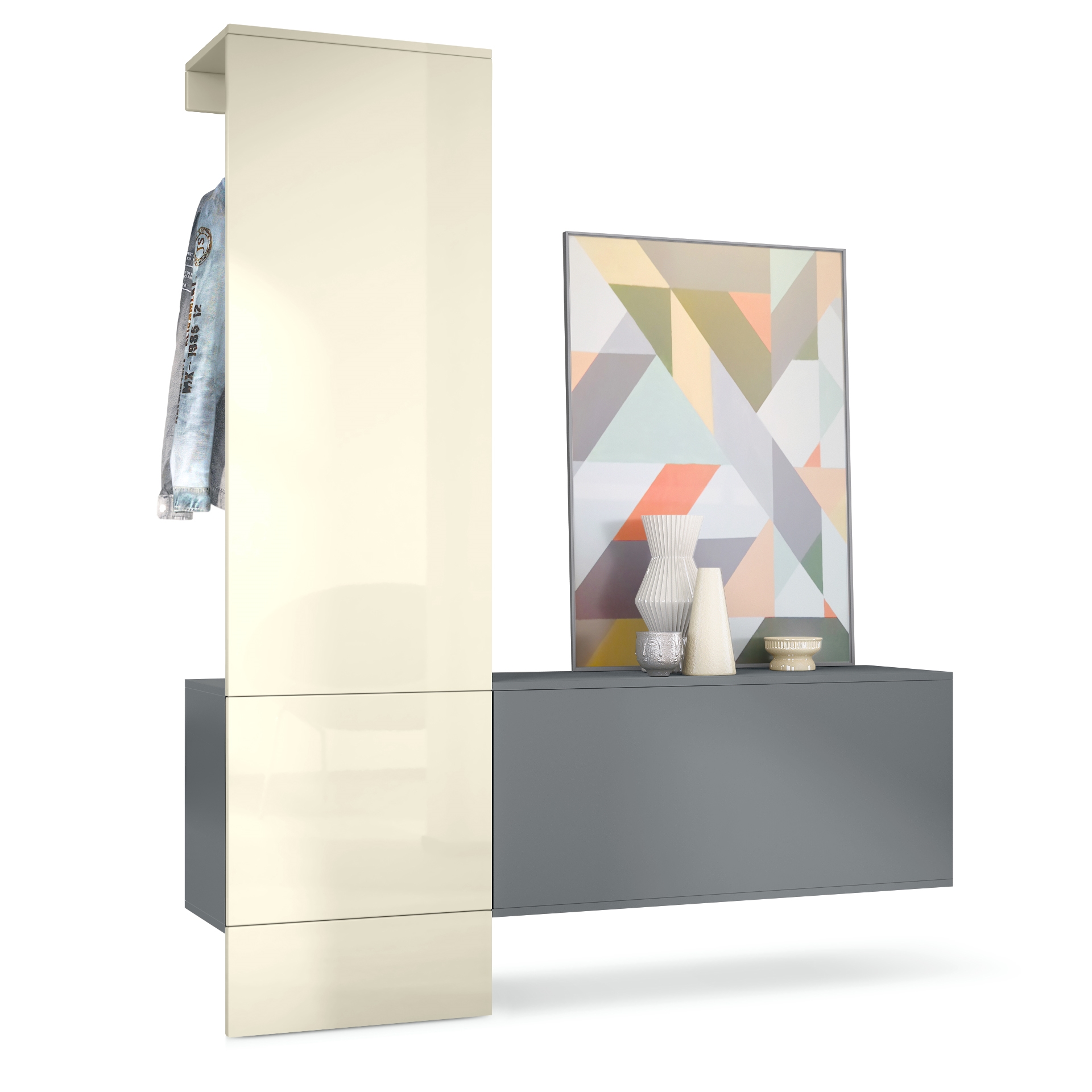 Garderobe Carlton Set 4 Anthrazit 3-tlg. 1 Paneel und 1 Schrankmodul Anthrazit matt/Creme Hochglanz (156,5 x 193 x 35 cm)
