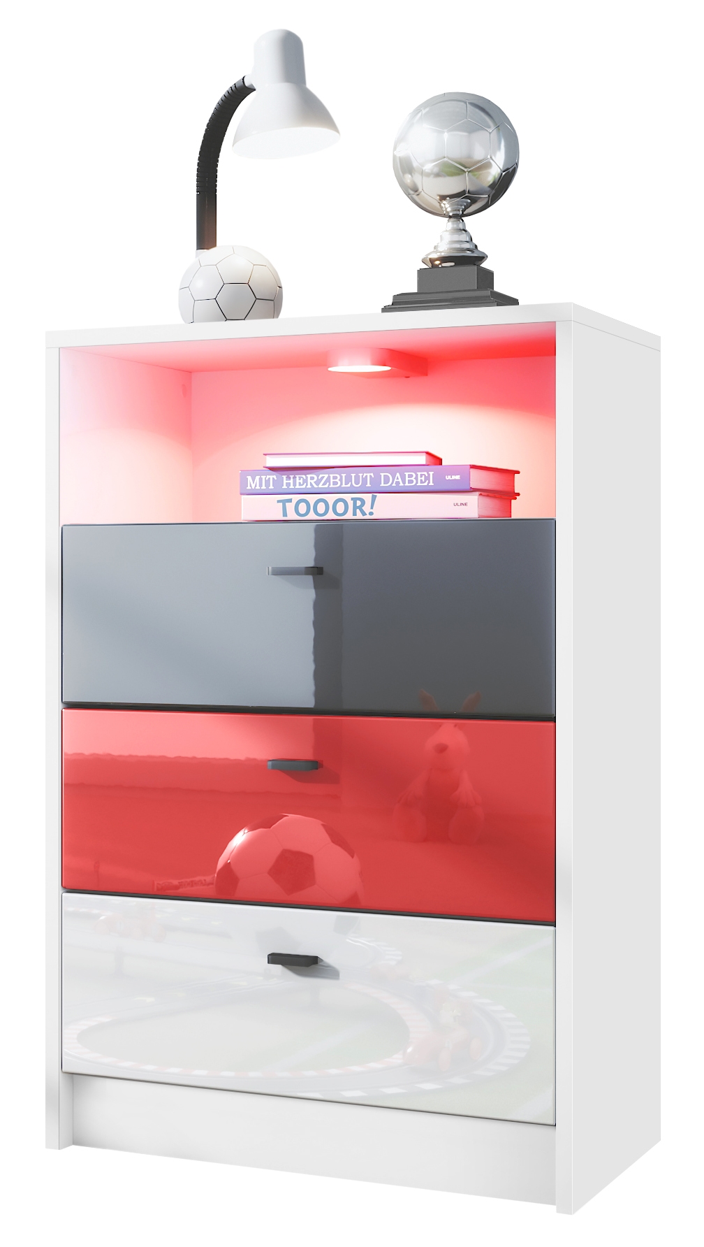 Pino V2 Kommode Fußball mit 3 Schubladen inkl. RGB LED Beleuchtung Fußball Liga Frankfurt - Schwarz, Rot & Weiß glänzend (56x86,5x36 cm)