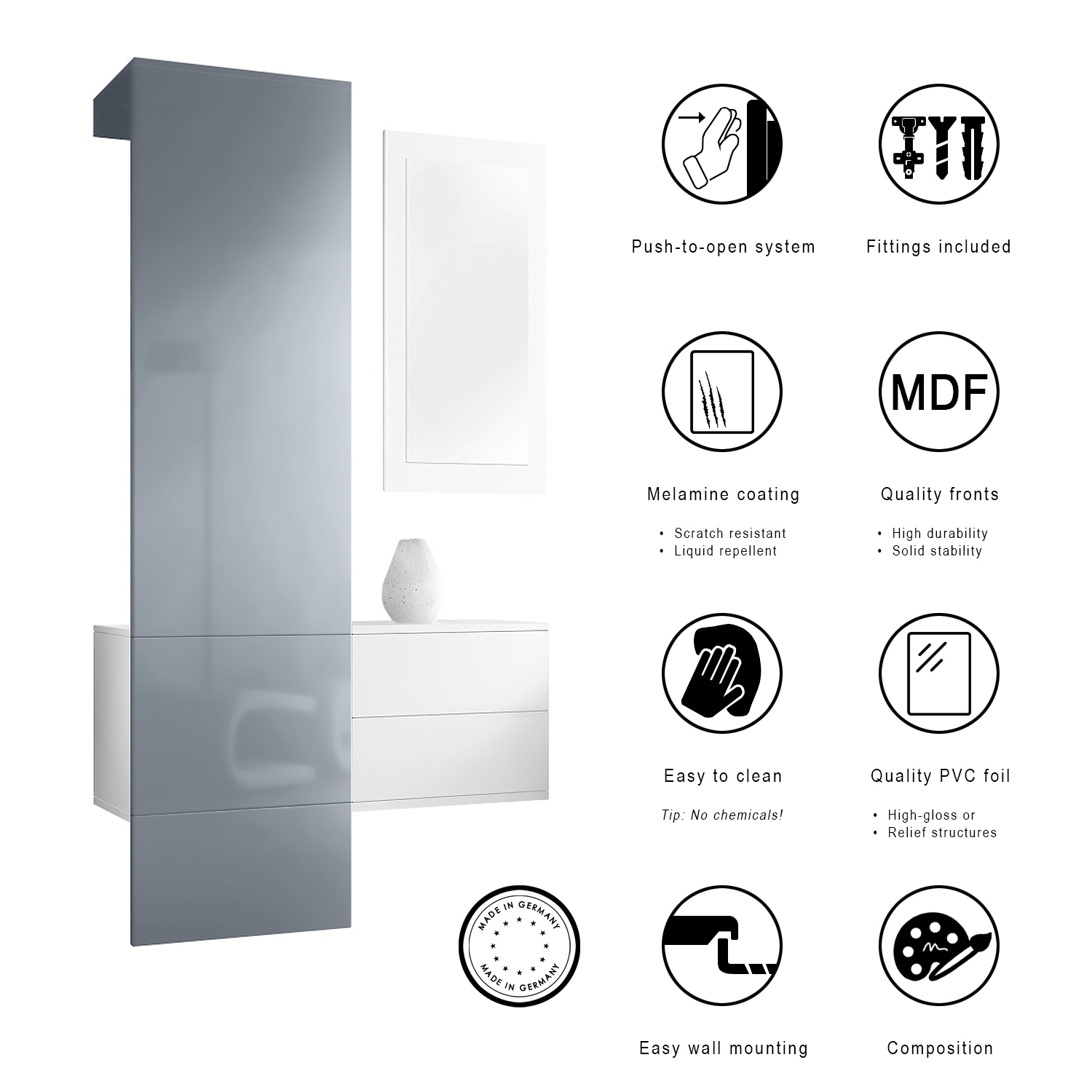 Garderobe Carlton Set 2 Beton 3-tlg. 1 Paneel, 1 Schubkastenschrank und 1 Wandspiegel Weiß matt/Beton Oxid Optik (105 x 193 x 35 cm)