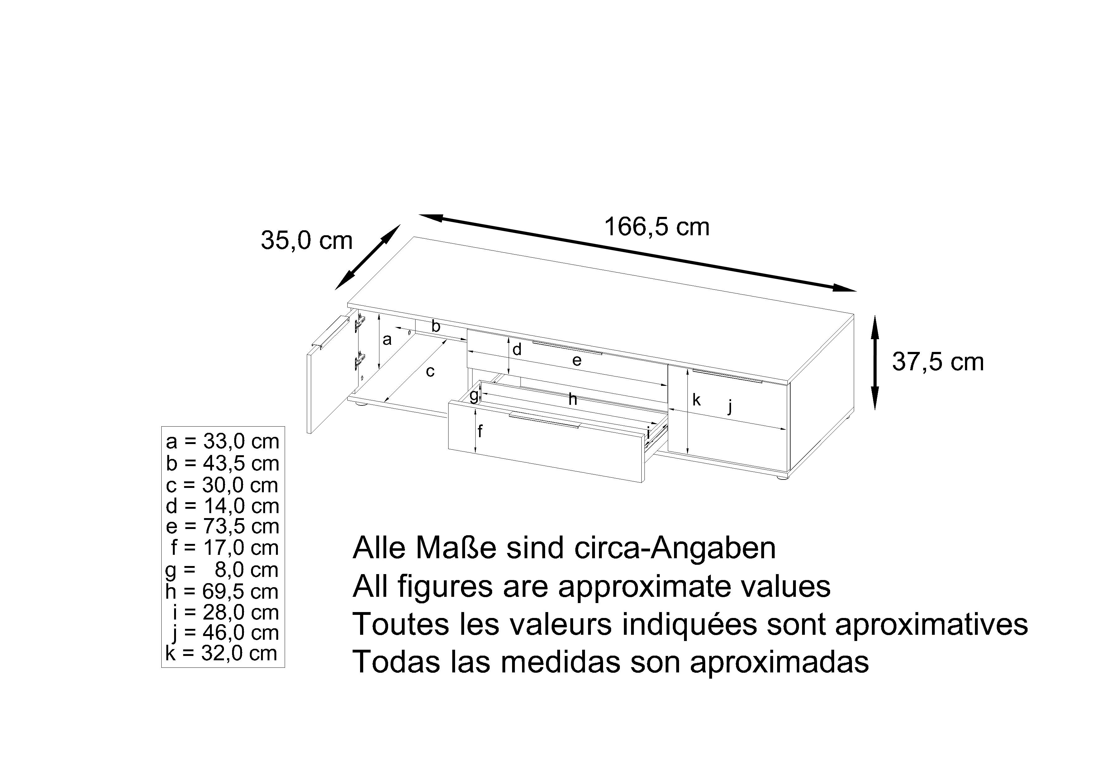 Linio V2 Lowboard mit 2 Türen und Schubladen Weiß / Avola-Anthrazit (166,5 x 37,5 x 35 cm)