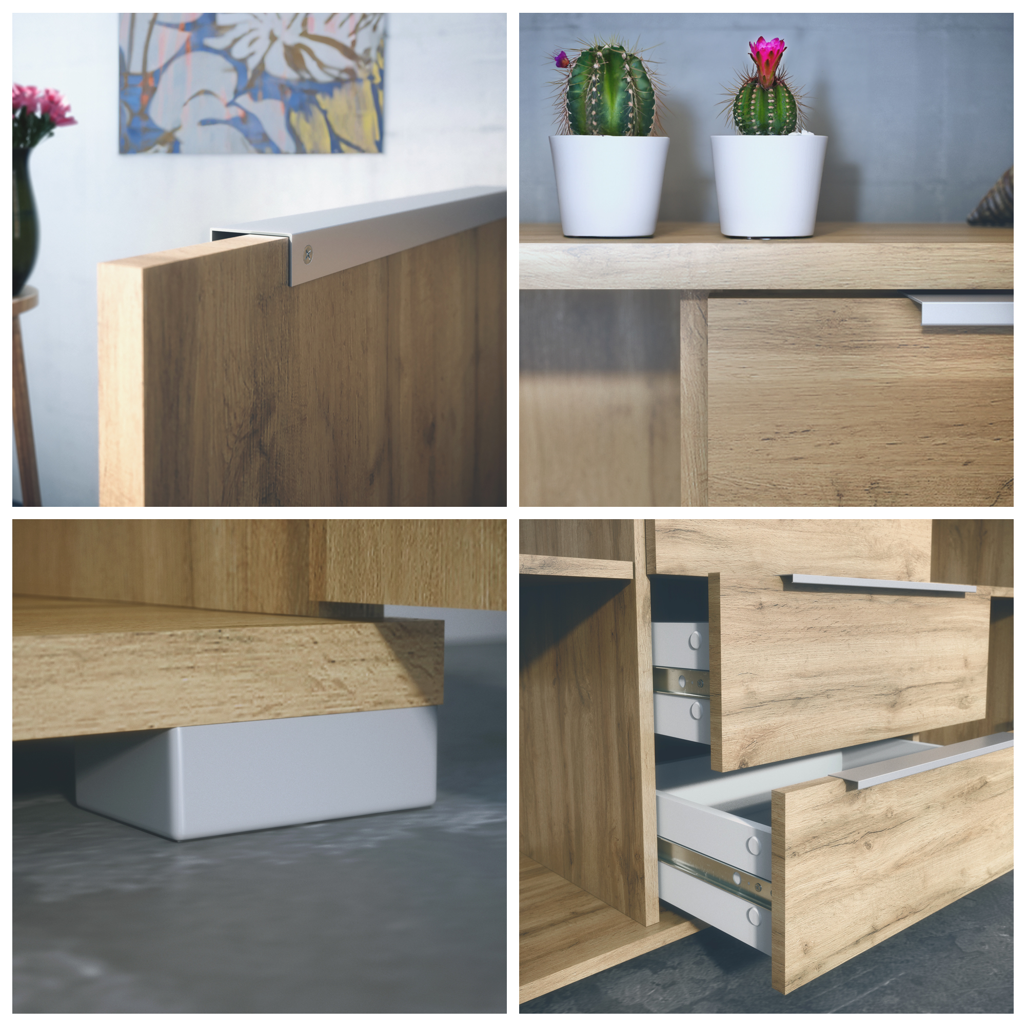Linio V1 Sideboard Eiche Evoke mit 2 Türen und 4 Schubladen Eiche Evoke/Sandgrau Hochglanz (138,5 x 75,5 x 35 cm)