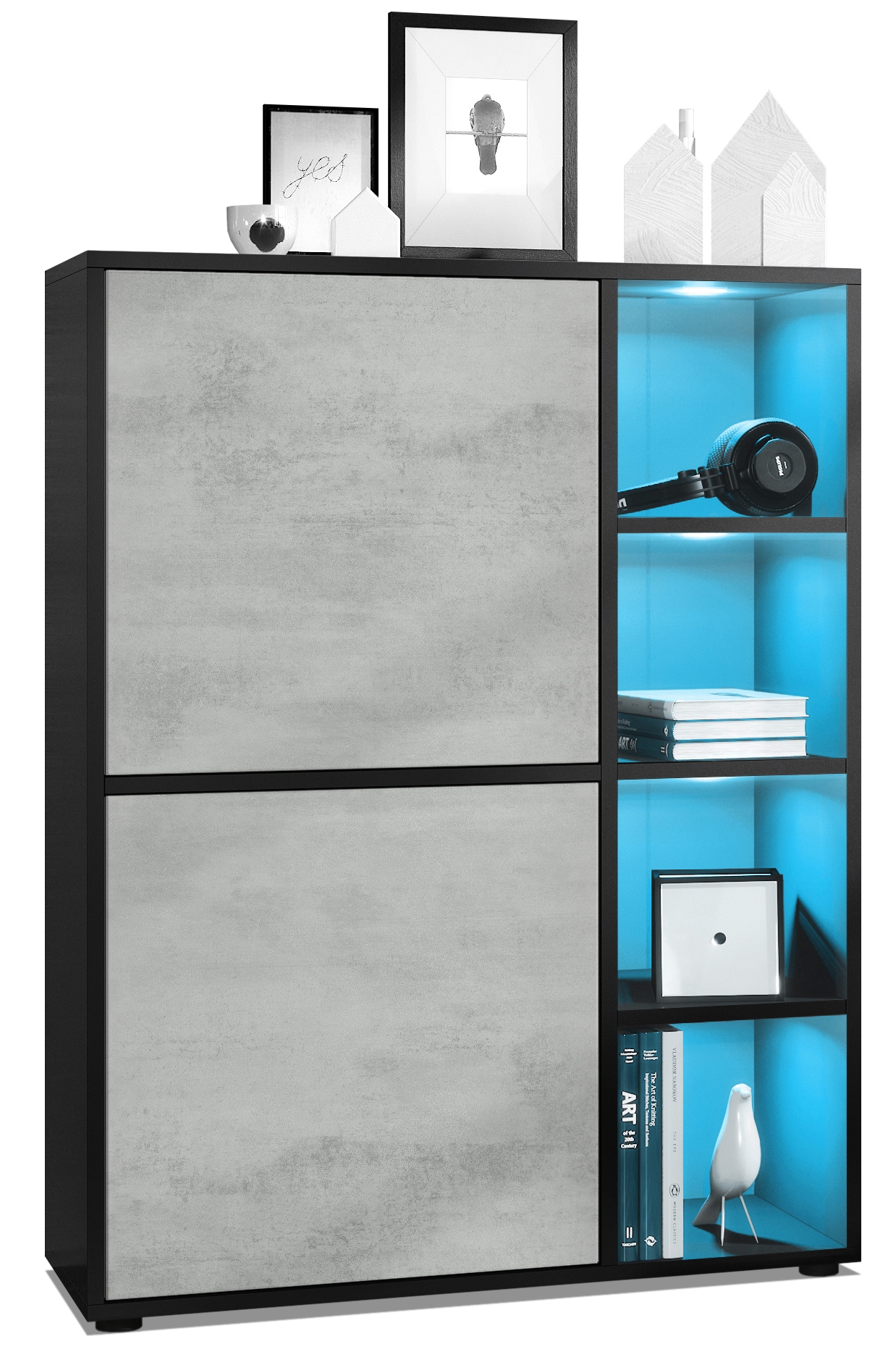 Highboard Cuba und 4 offene Fächer inkl. RGB LED Beleuchtung Schwarz matt/Beton Oxid Optik (79 x 105,5 x 35,5 cm)
