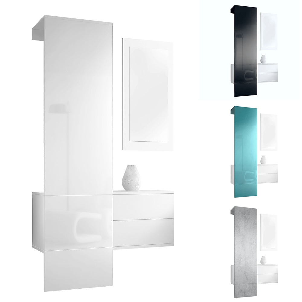 Garderobe Carlton Set 2 Beton 3-tlg. 1 Paneel, 1 Schubkastenschrank und 1 Wandspiegel Weiß matt/Beton Oxid Optik (105 x 193 x 35 cm)