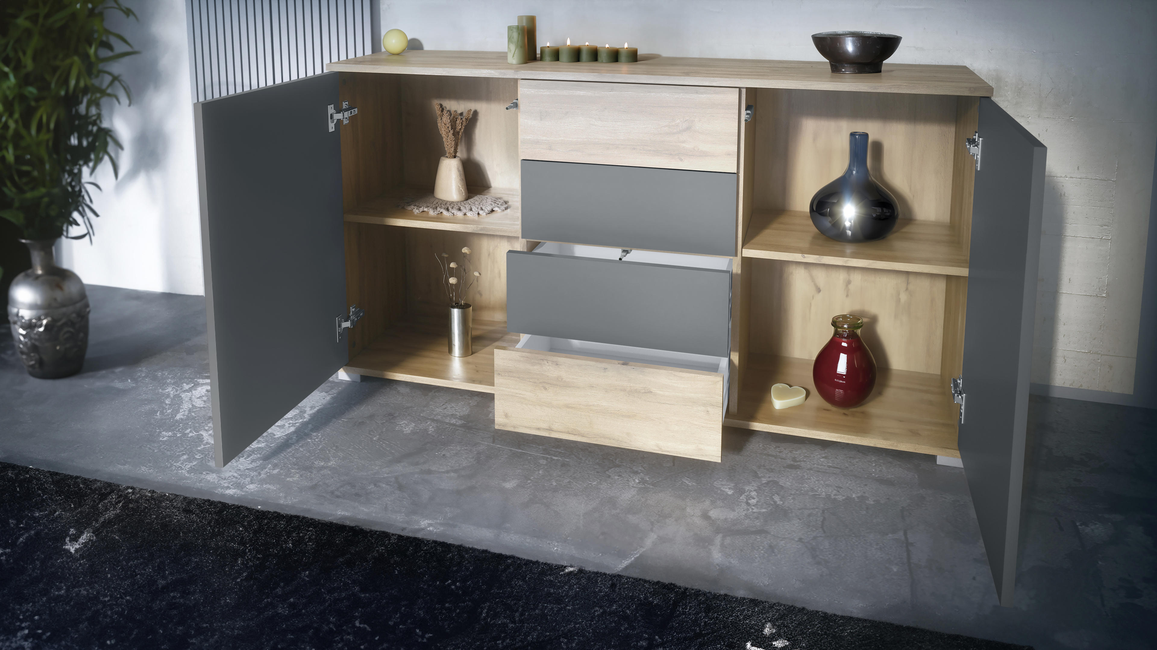 Santo V1 Sideboard Eiche Evoke mit 2 Türen und 4 Schubladen Eiche Evoke/Schwarz matt (138,5 x 75,5 x 35 cm)