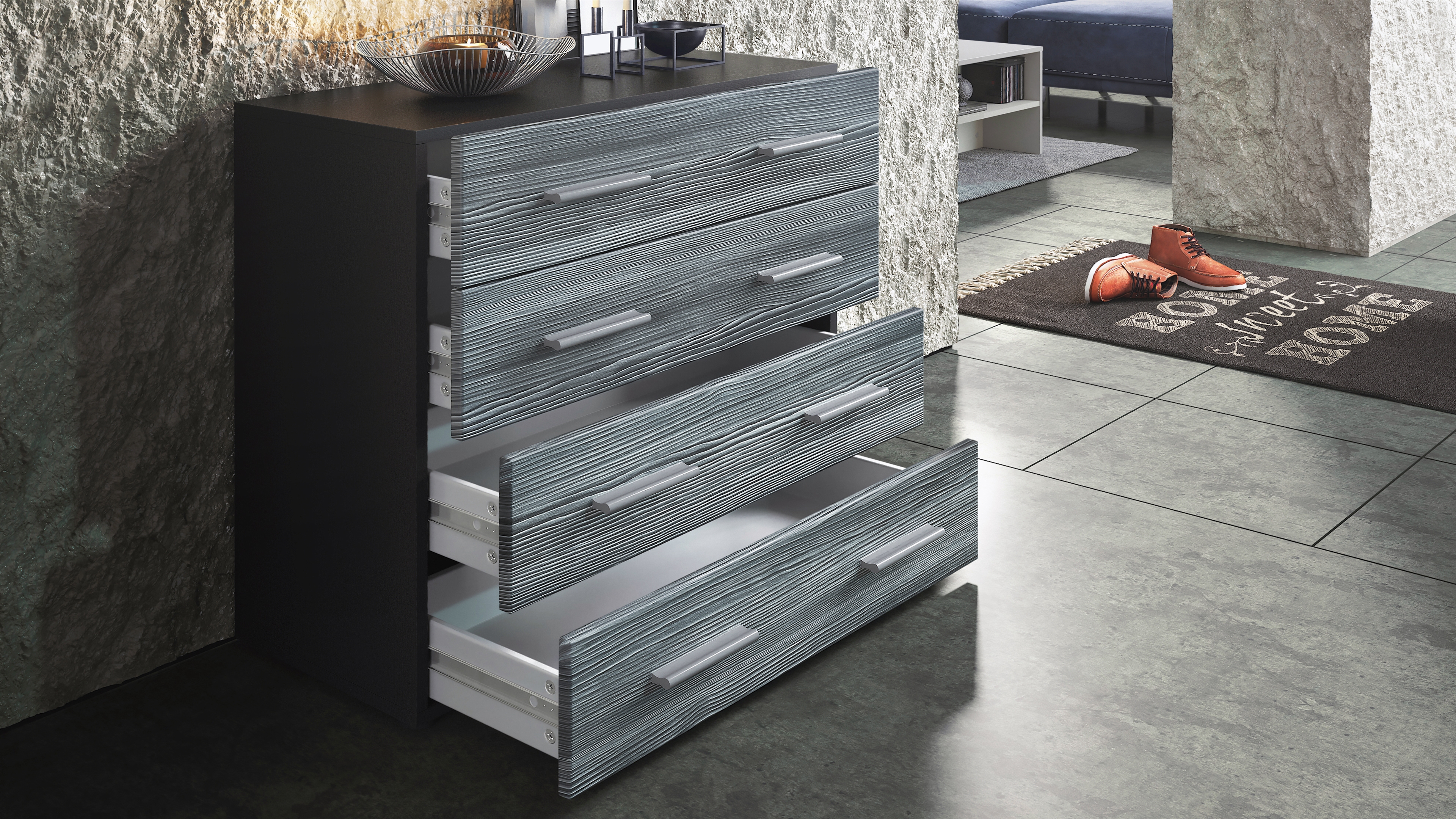 Kommode Pavos V1 ​mit 4 Schubladen Schwarz matt/Weiß Hochglanz (76 x 72 x 35 cm)