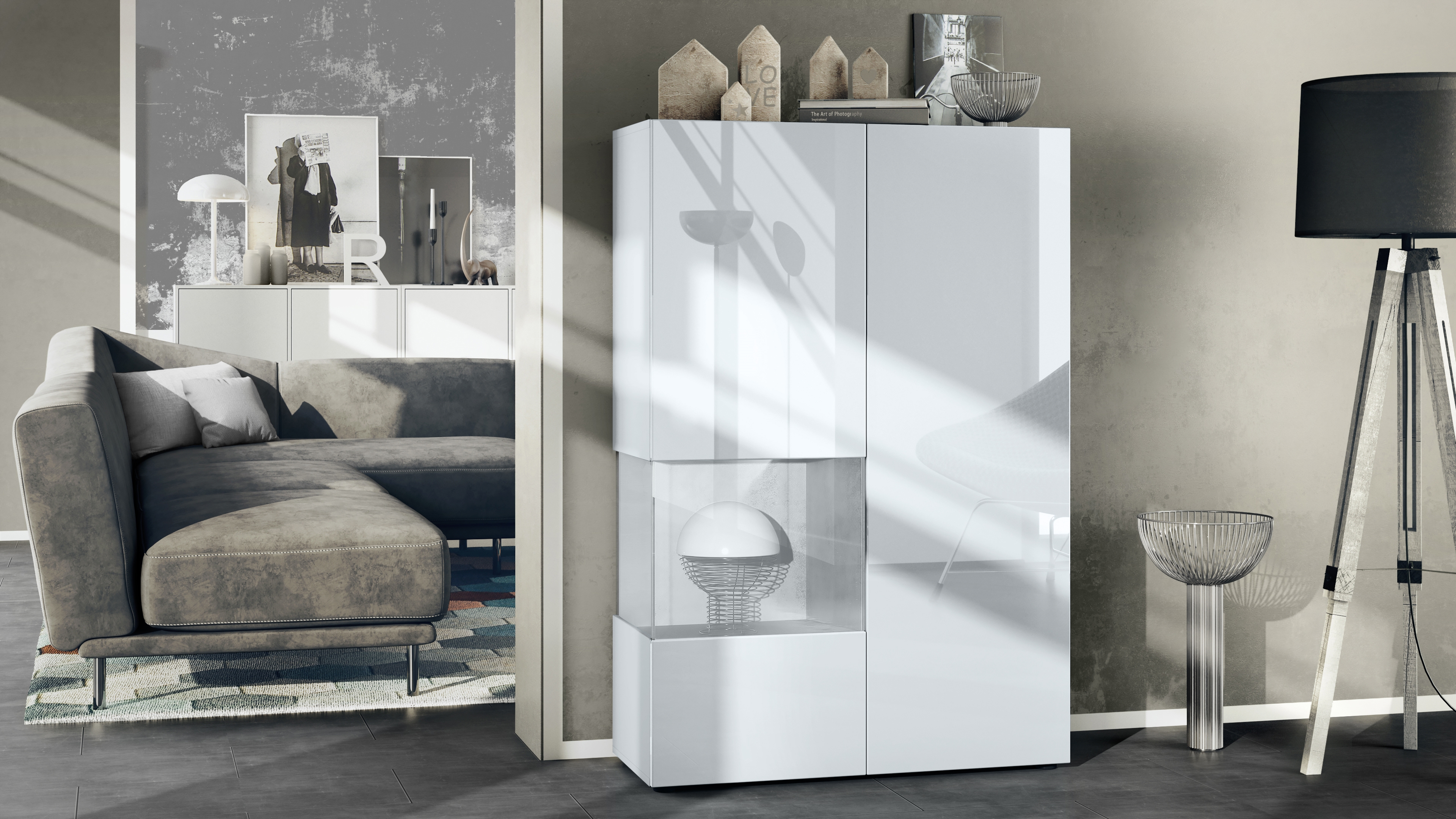 Vitrine Morena V2 mit 2 Türen und Glaseinsatz Weiß matt/Weiß Hochglanz/Beton Oxid Optik (91,5 x 136,5 x 37 cm)