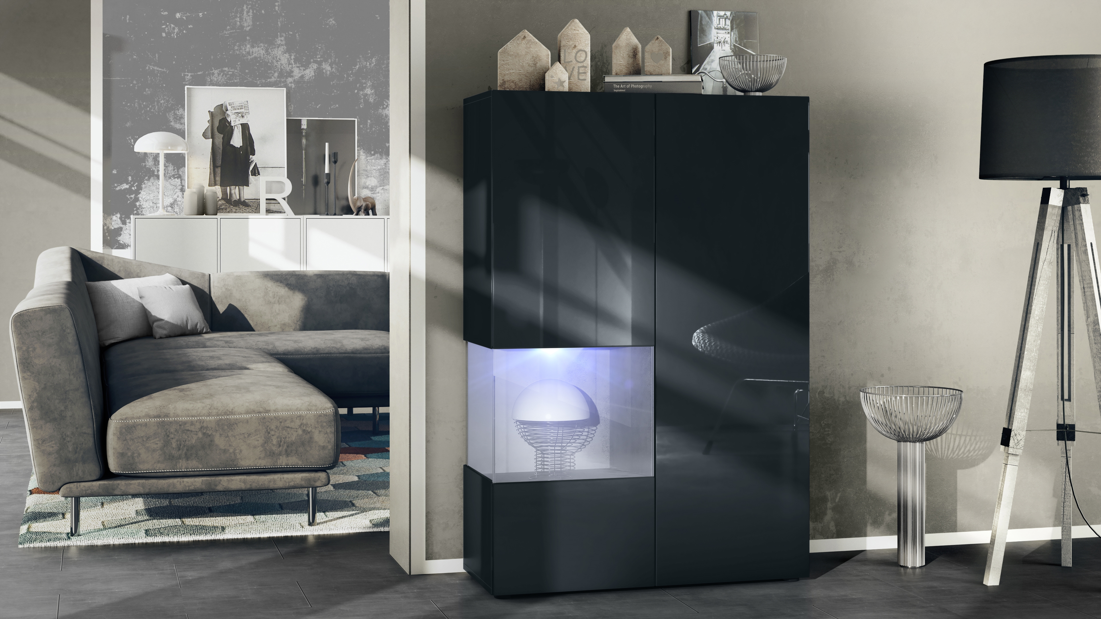 ​Vitrine Morena V2 mit 2 Türen und Glaseinsatz inkl. LED-Beleuchtung Schwarz matt/Schwarz Hochglanz/Beton Oxid Optik(91,5 x 136,5 x 37 cm)