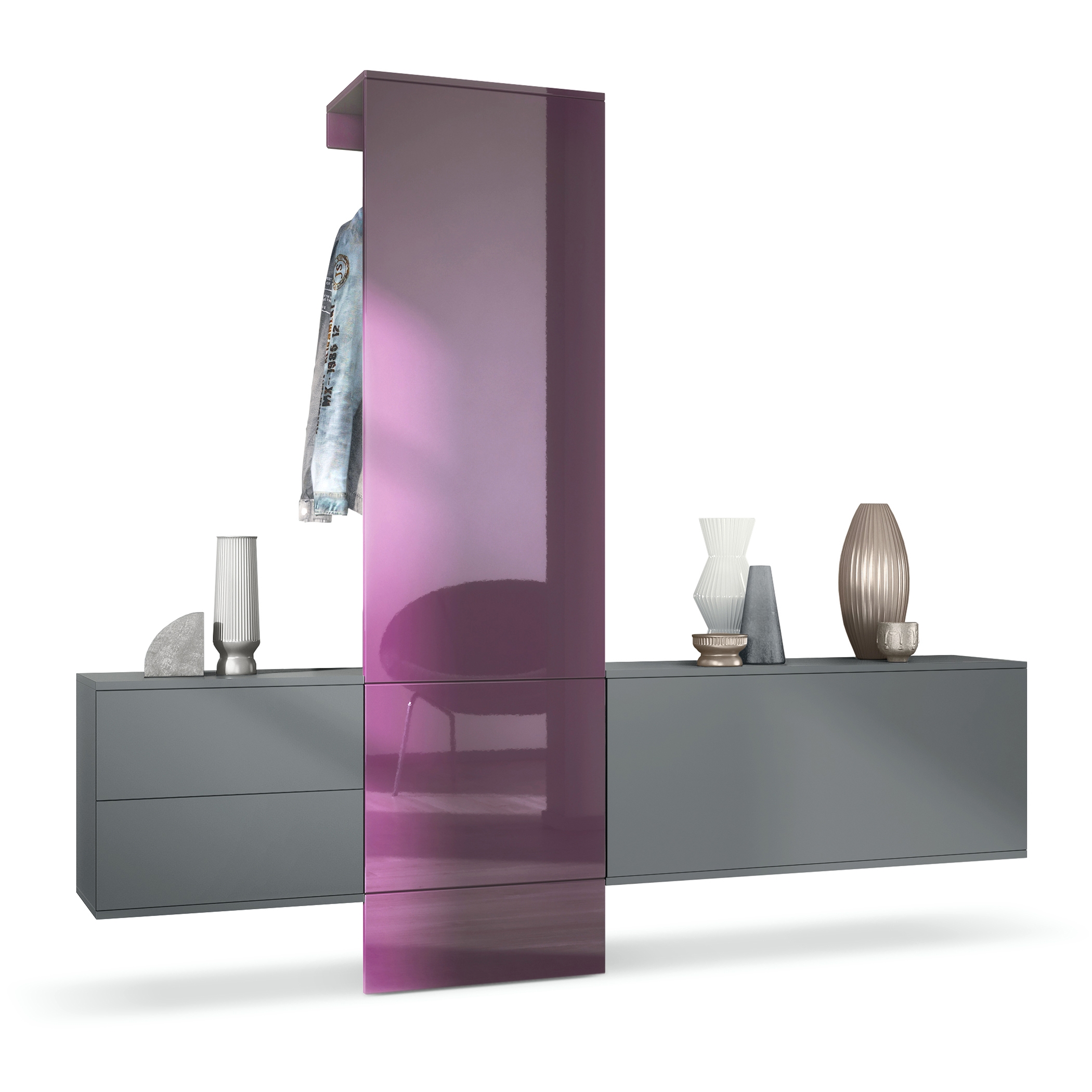 Garderobe Carlton Set 1 Anthrazit 4-tlg. 1 Paneel, 1 Schubkastenschrank und 1 Schrankmodul Anthrazit matt/Brombeer Hochglanz (209 x 193 x 35 cm)