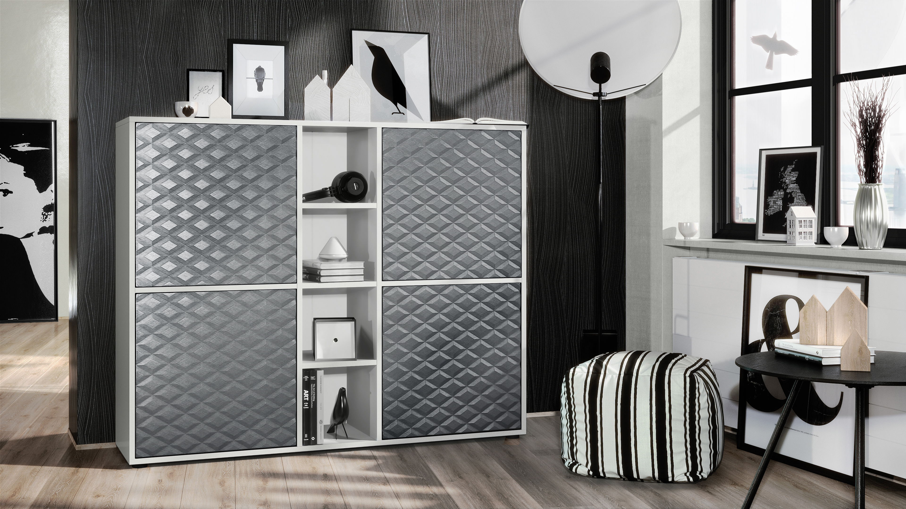 Highboard Cuba V3 mit 4 Türen und 4 offene Fächer Weiß matt/Stahlgrau 3D Struktur (130,5x105,5x35,5 cm)