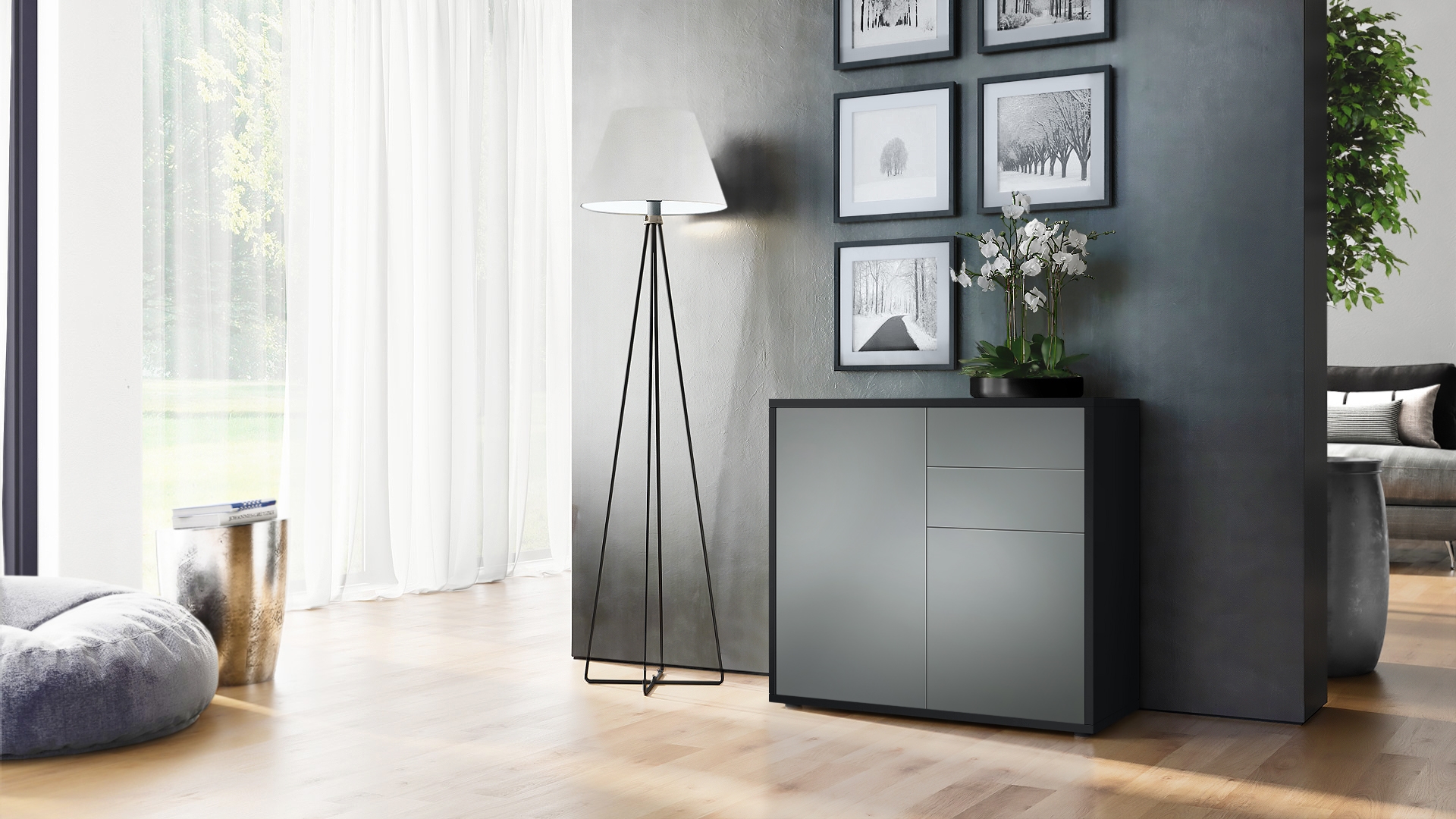 Kommode Ben  mit 2 Türen und 2 Schubladen Schwarz matt/Graphit Seidenmatt (79 x 74 x 36 cm)