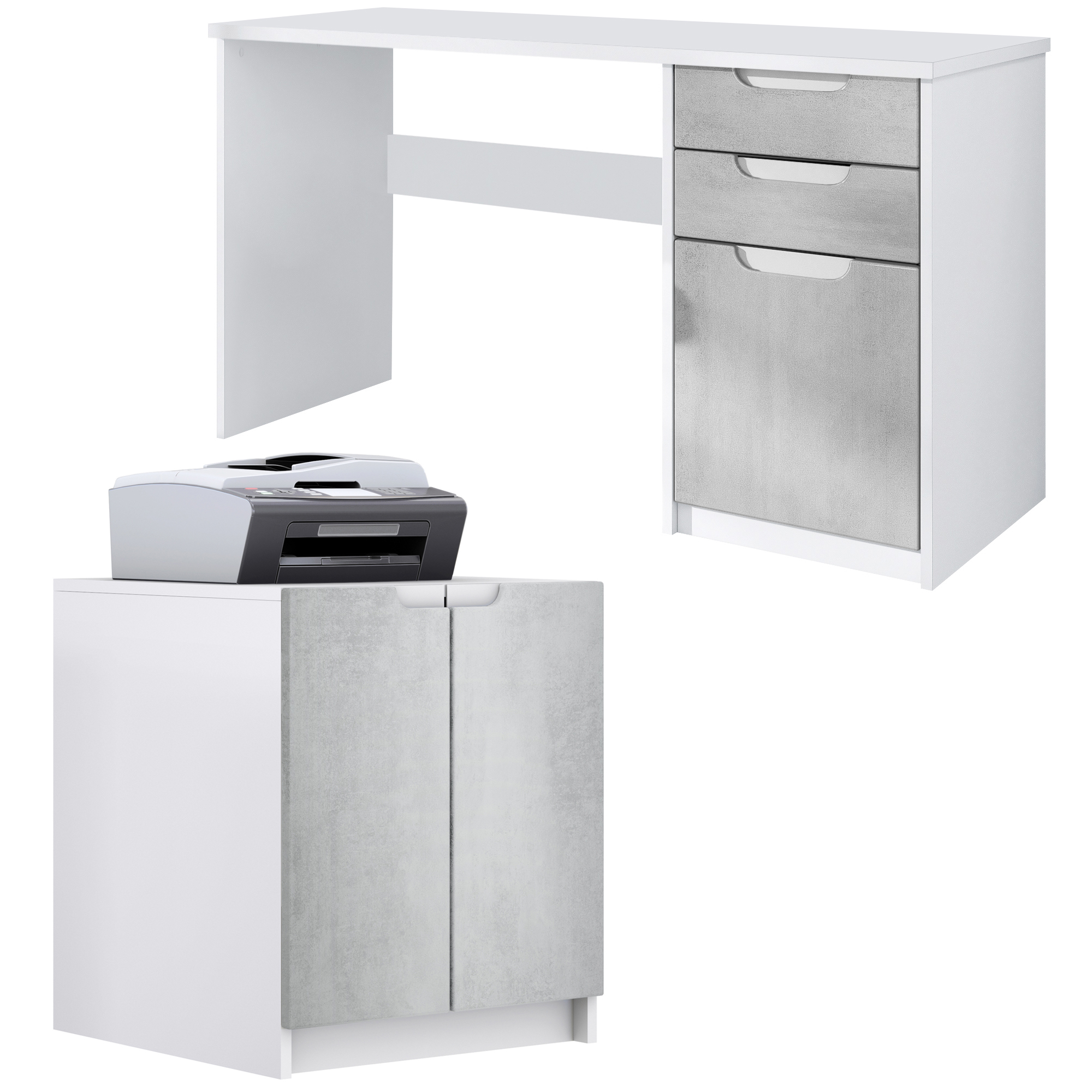 Büromöbel-Set Paris mit 1 Schreibtisch und 1 Druckerkommode Weiß matt / Beton Oxid Optik