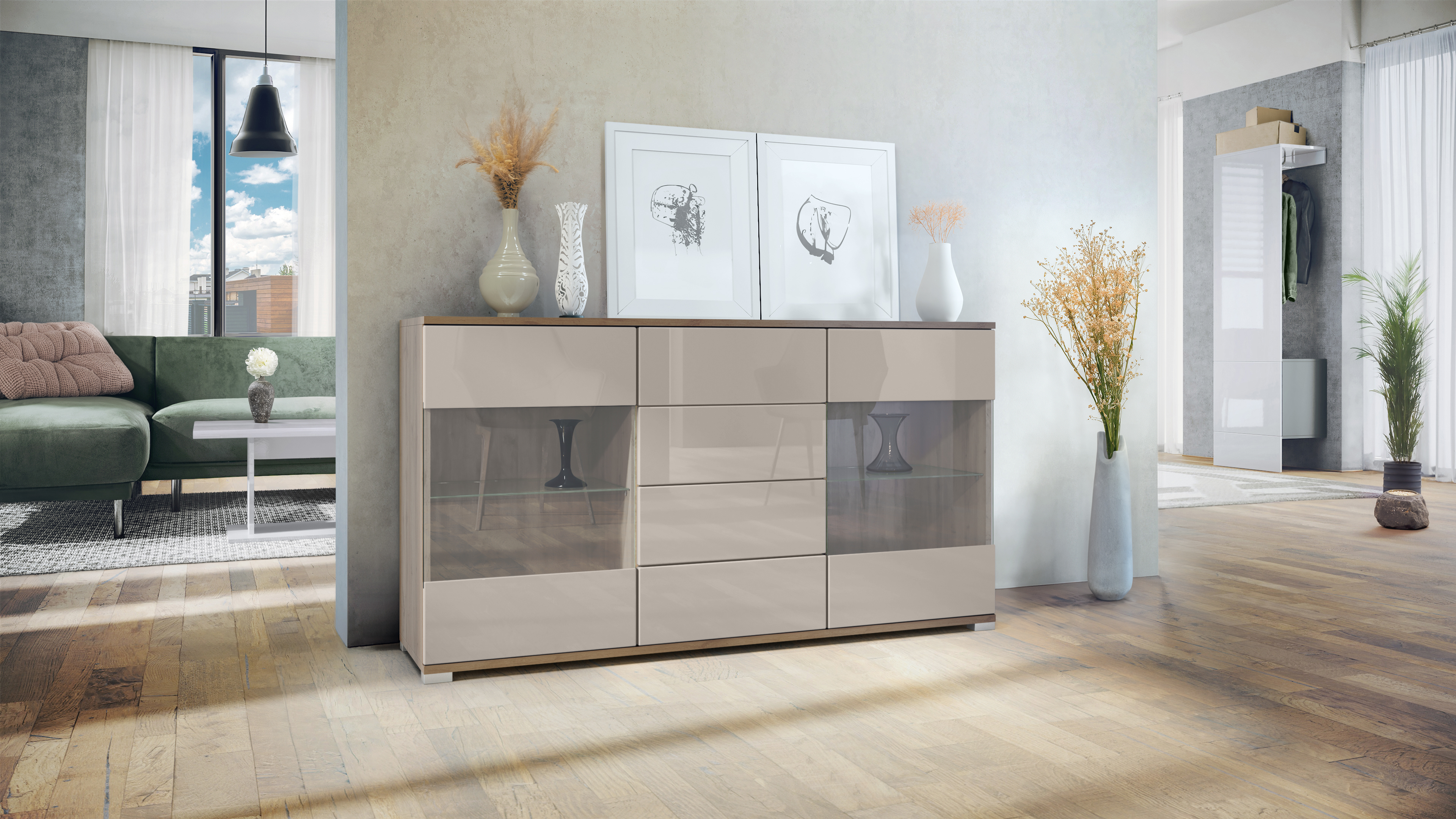 Sideboard Bari V1 Eiche Evoke 4 Schubladen und 2 flexible Glaseinlegeböden Eiche Evoke/Sandgrau Hochglanz (138,5 x 75,5 x 35)