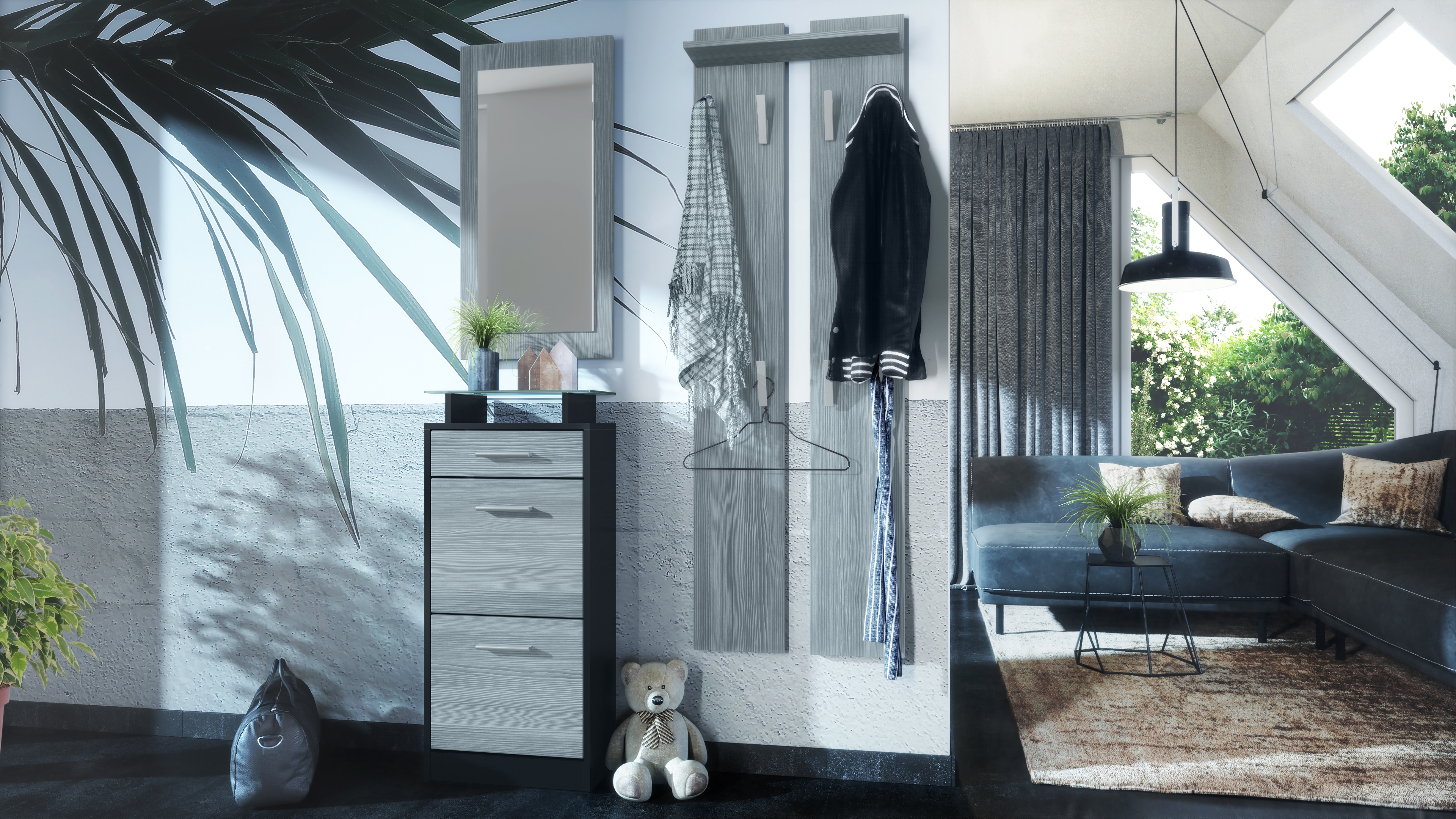 Garderobenset Loret V2 mini 1 Wandspiegel, 2 Garderobenpaneele Schwarz matt/Avola-Anthrazit (140 x 23 x 200 cm)