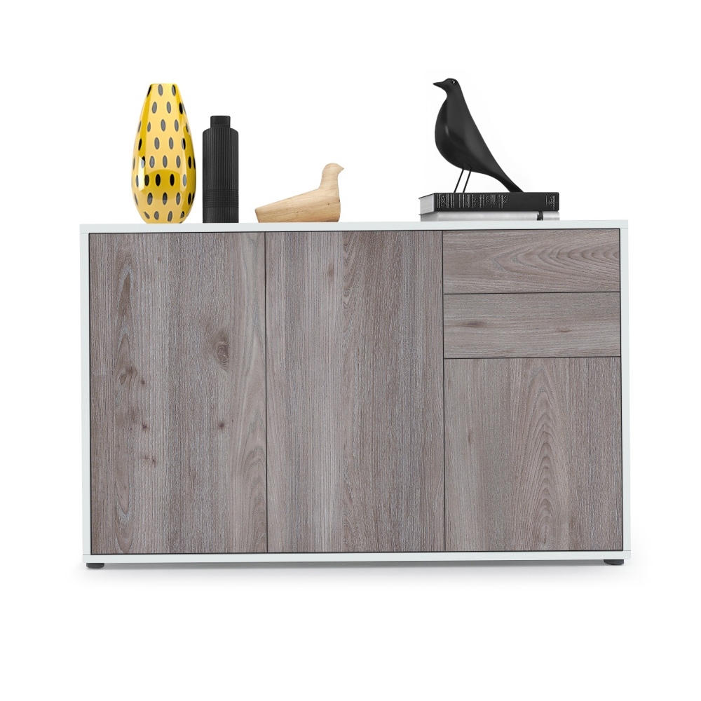 Kommode Ben V3  mit 3 Türen und 2 Schubladen Weiß matt/Eiche Nordic (117 x 74 x 36 cm)