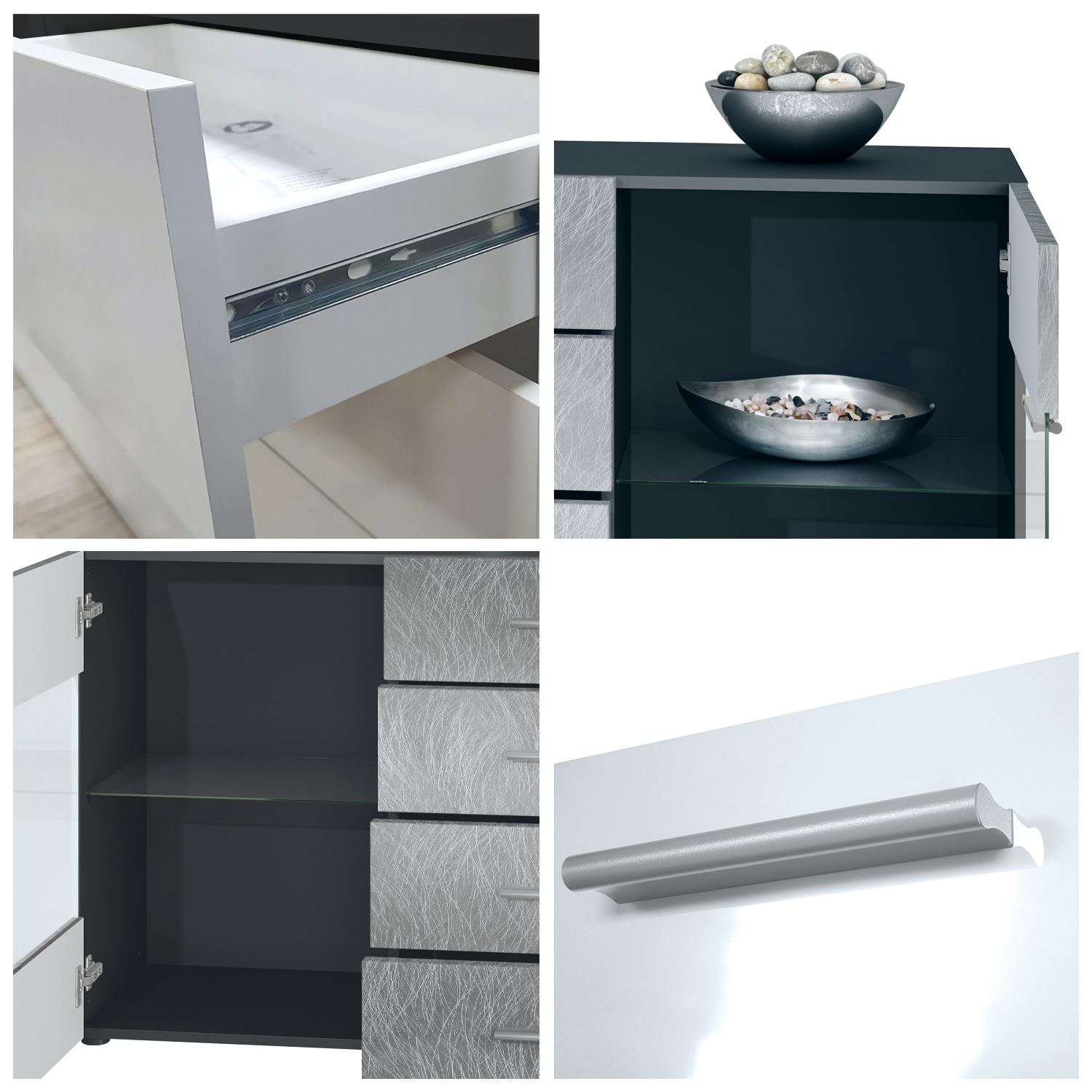 Sideboard Bari V1 4 Schubladen und 2 flexible Glaseinlegeböden Schwarz matt/Schwarz Hochglanz (139 x 72 x 35)