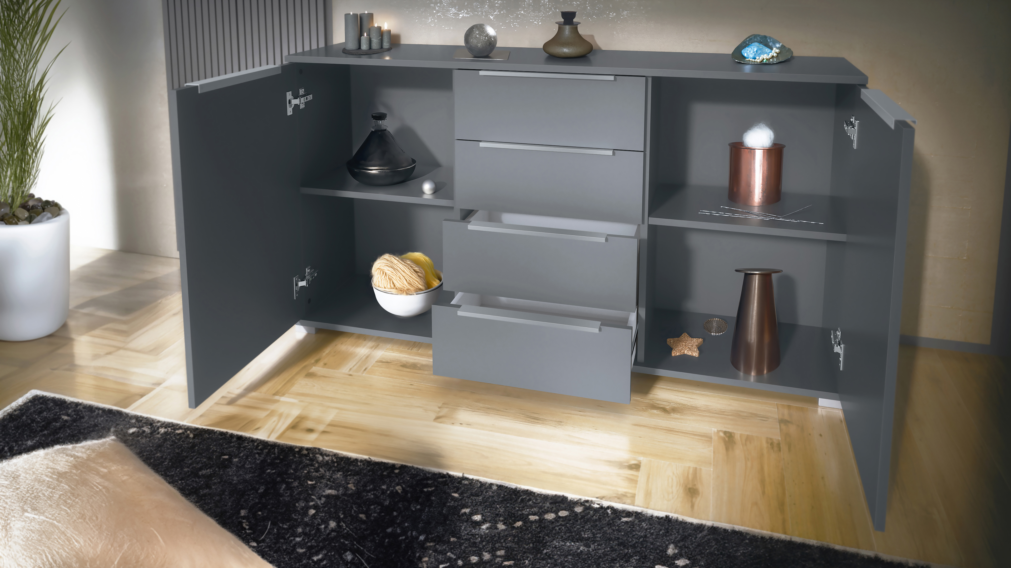Linio V1 Sideboard Anthrazit mit 2 Türen und 4 Schubladen Anthrazit matt/Weiß matt (138,5 x 75,5 x 35 cm)