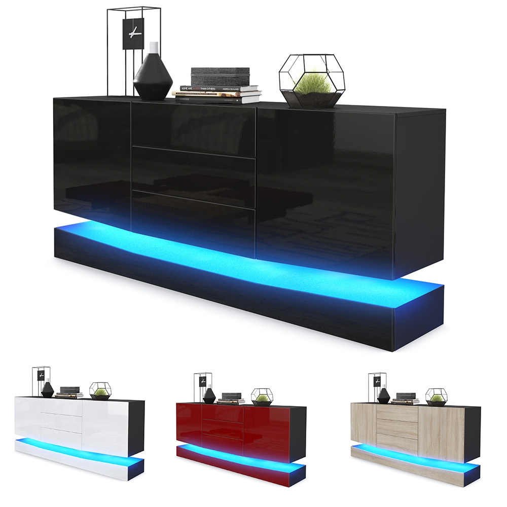 Sideboard City  mit 2 Türen und 3 Schubladen Schwarz matt/Sandgrau Hochglanz (178 x 72 x 38 cm)