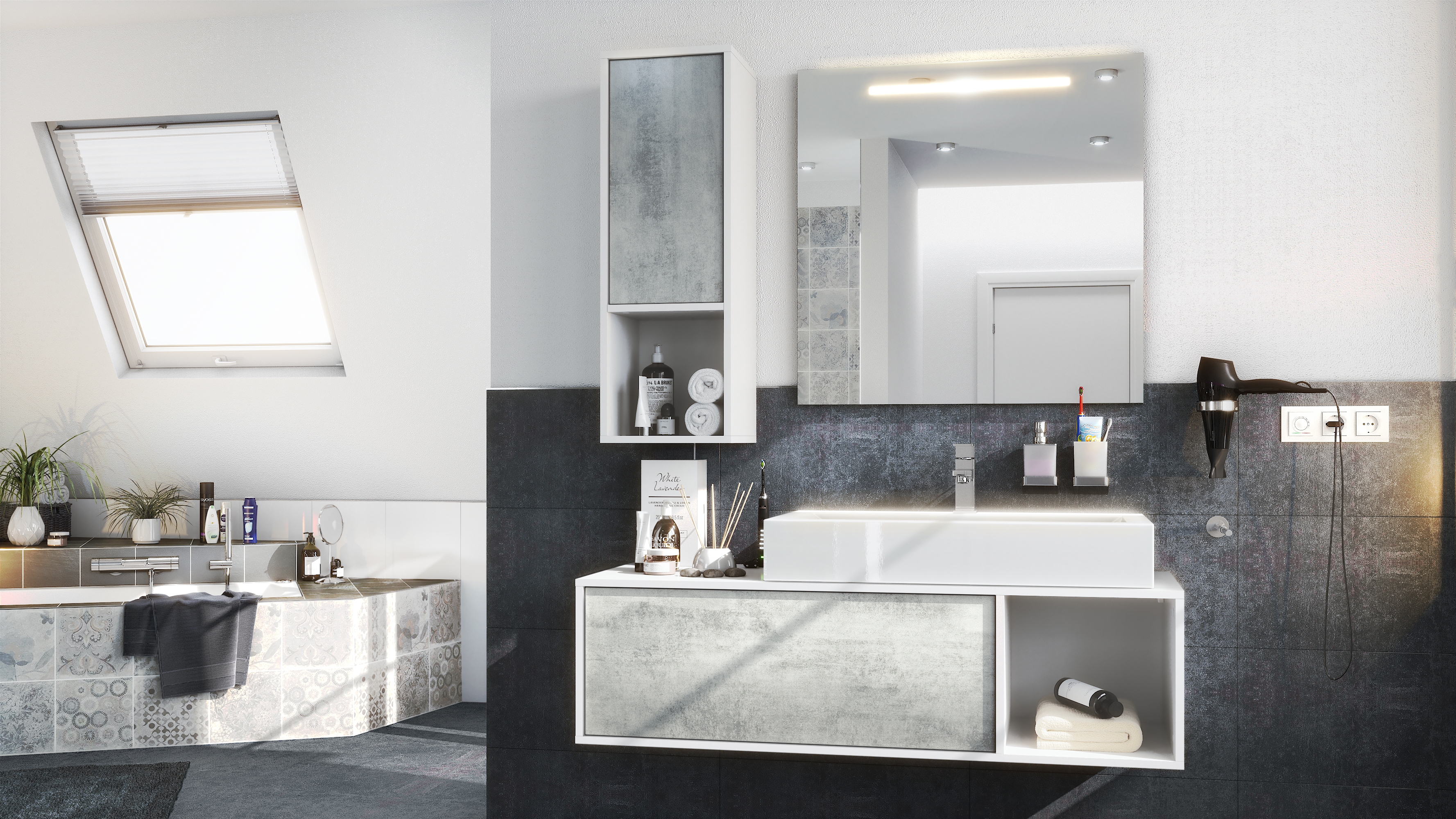 Badmöbel-Set La Costa 1 Unterschrank und 1 LED-Spiegel Korpus Weiß matt/Fronten Beton Oxid Optik (‎126,5 x 195 x 46 cm)