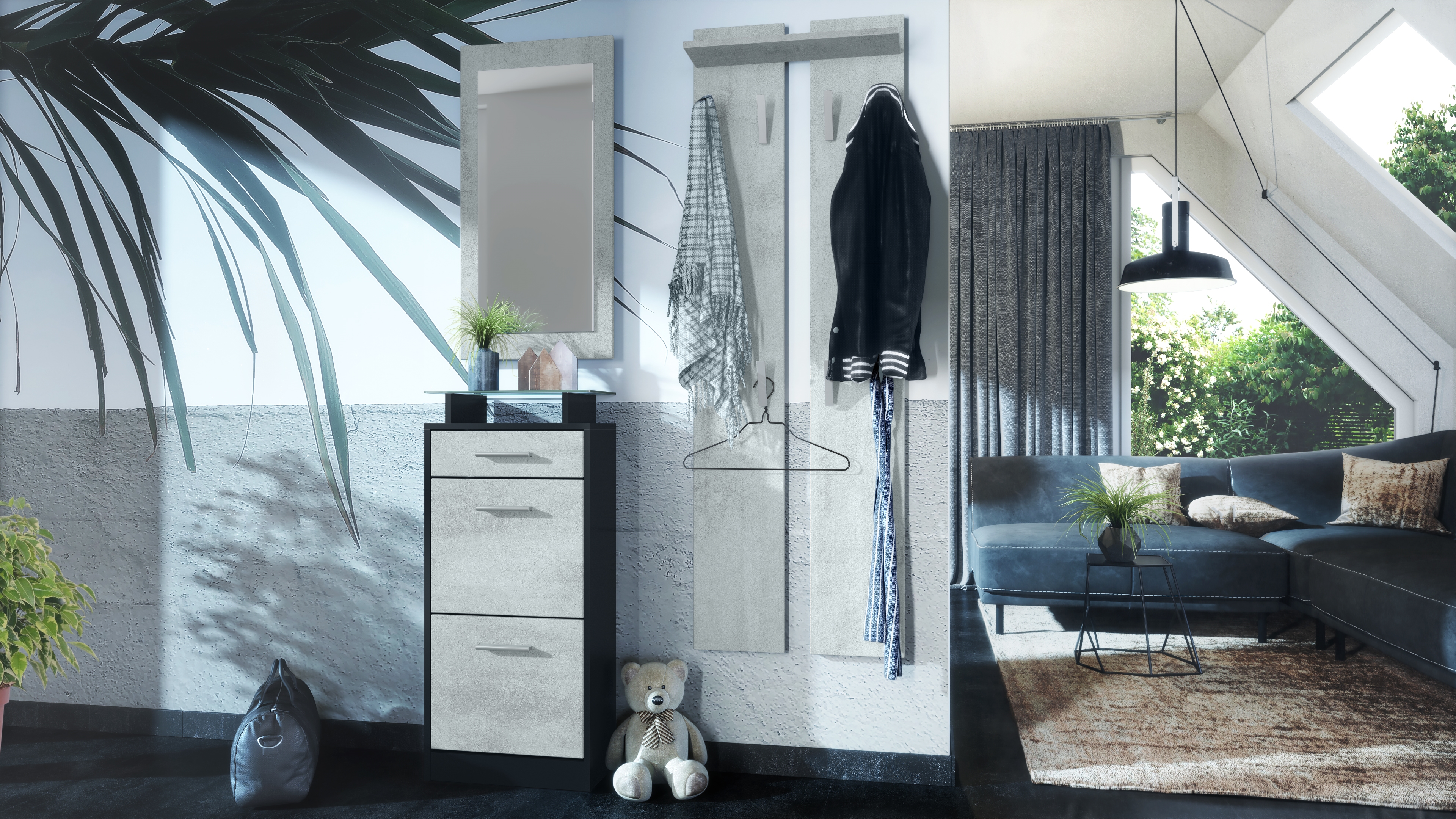 Garderobenset Loret V2 mini 1 Wandspiegel und 2 Garderobenpaneele Schwarz matt/Beton Oxid Optik (140 x 23 x 200 cm)