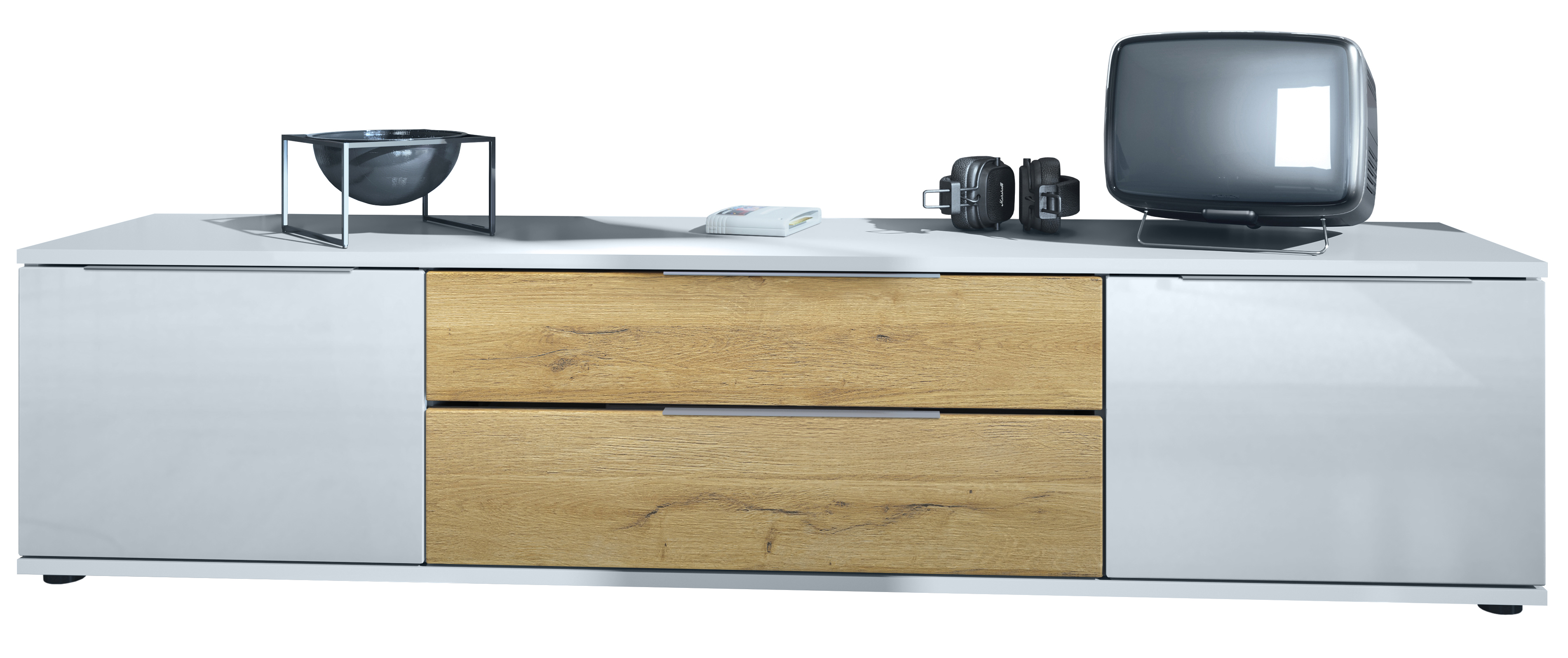 Linio V2 Lowboard mit 2 Türen und Schubladen Weiß / Eiche Natur (166,5 x 37,5 x 35 cm)